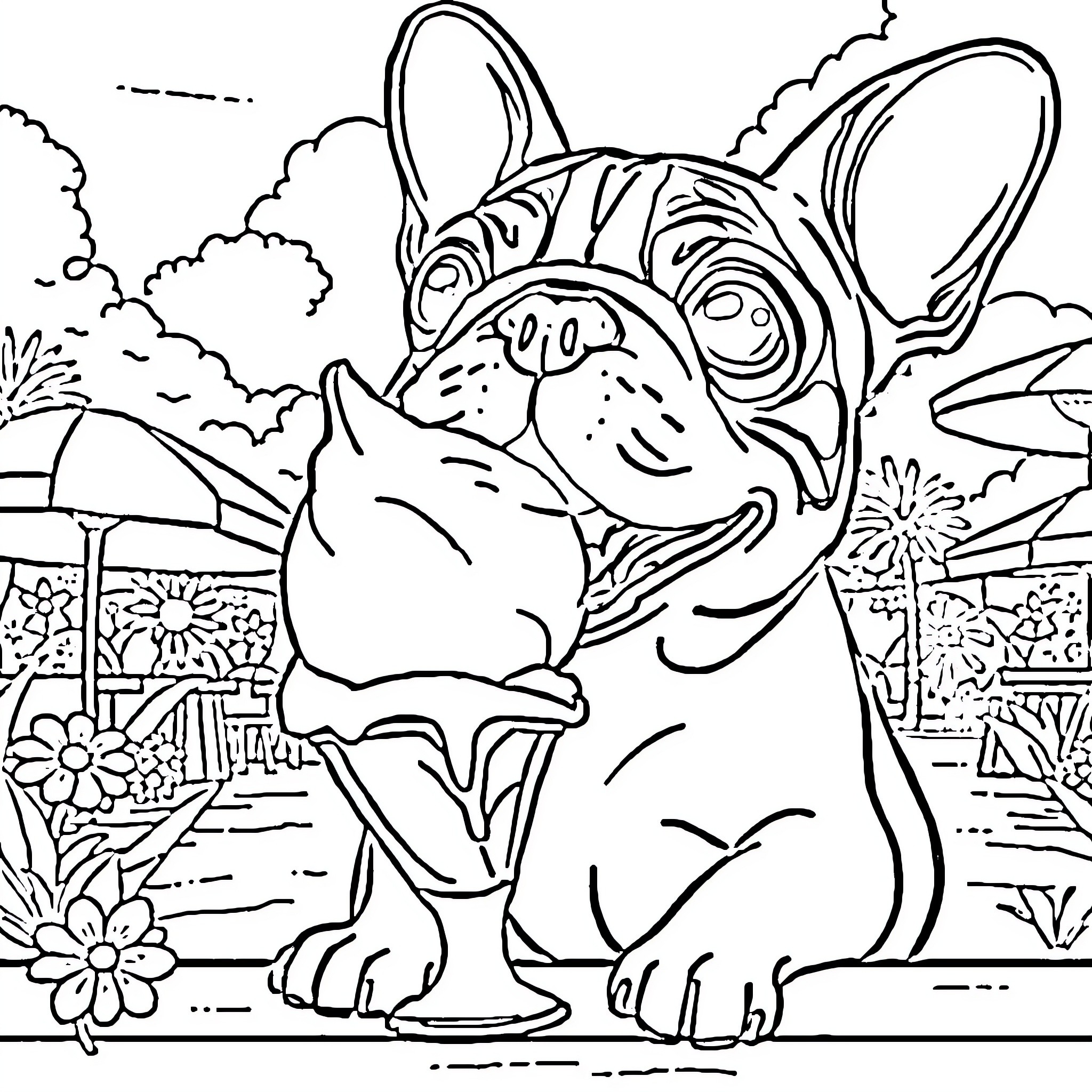 Frenchie enjoying the flowery garden Coloring Page (free black-and-white line drawing printable PDF for all, from beginners to advanced learners, including children, teens, adults, and seniors)
