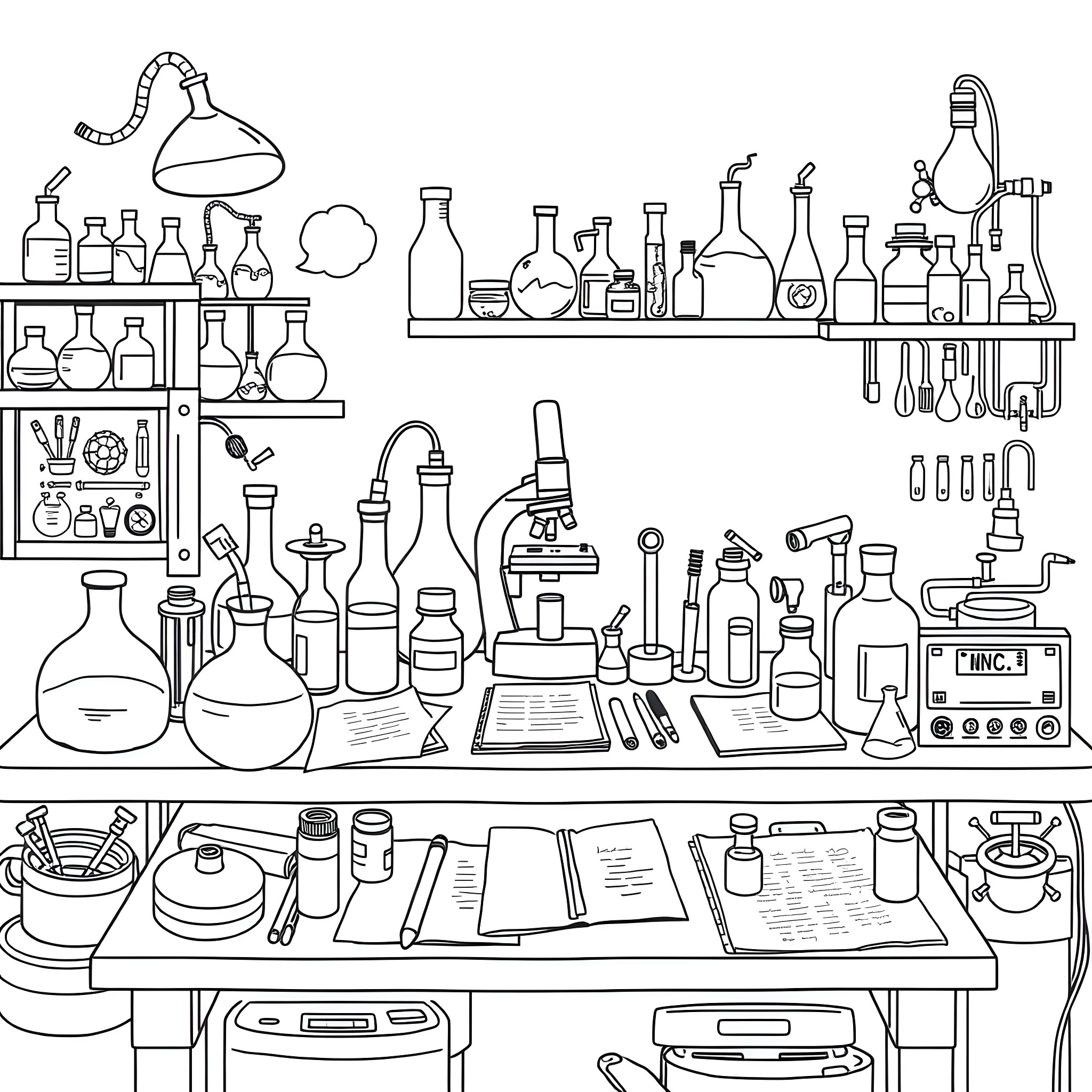 Science Lab with Various Scientific Instruments and Equipment Coloring Page (free black-and-white line drawing printable PDF for all, from beginners to advanced learners, including children, teens, adults, and seniors)