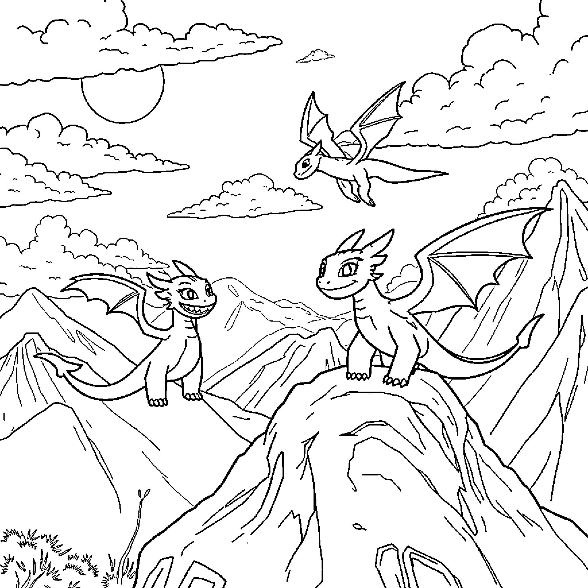 Dragon siblings playing in the mountain landscape Coloring Page (free black-and-white line drawing printable PDF for all, from beginners to advanced learners, including children, teens, adults, and seniors)