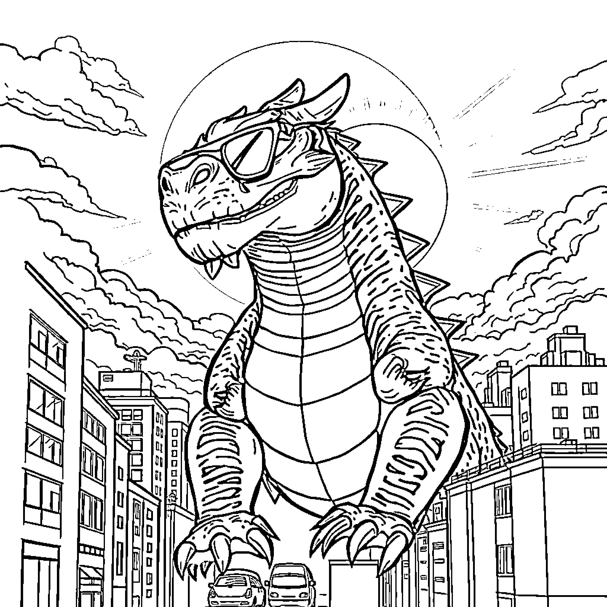 Bearded Dragon Stomping Through the City Coloring Page (free black-and-white line drawing printable PDF for all, from beginners to advanced learners, including children, teens, adults, and seniors)