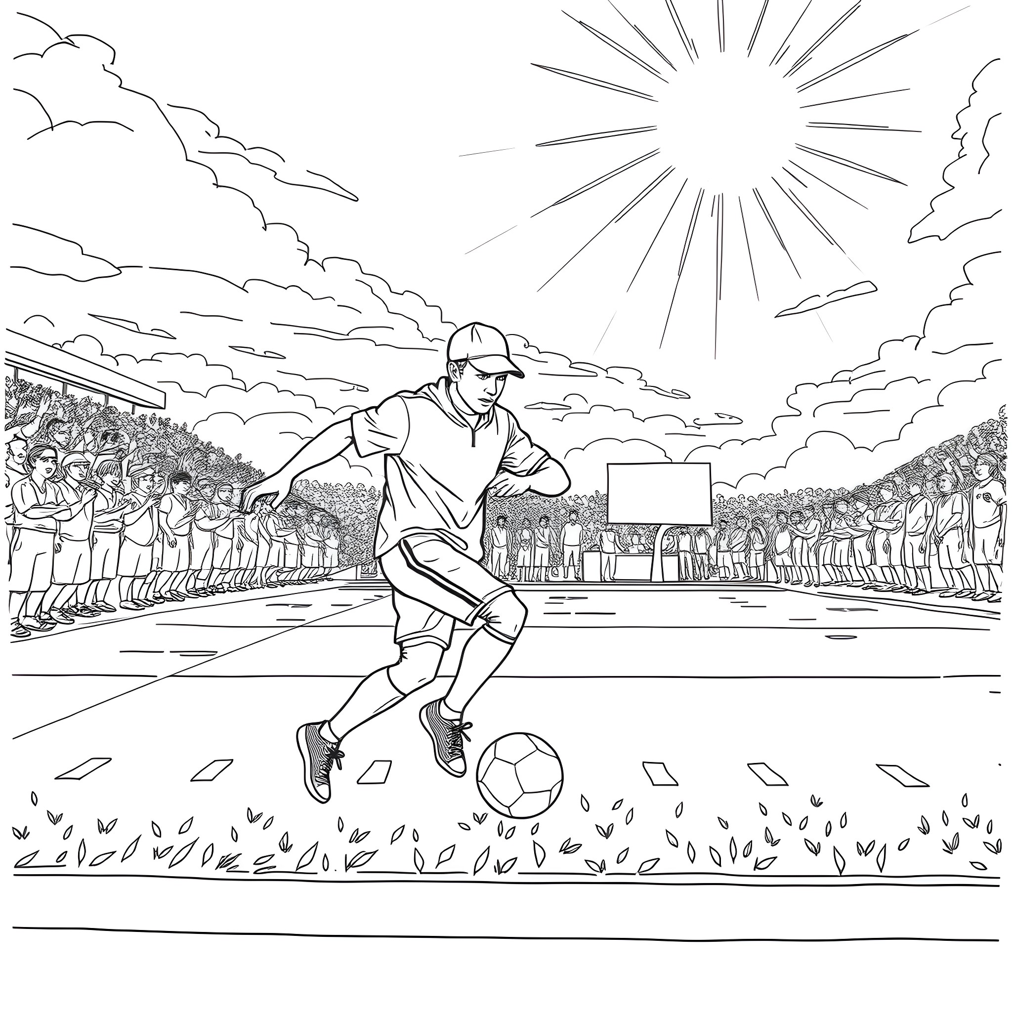 Eminem playing football on a sunny field Coloring Page (free black-and-white line drawing printable PDF for all, from beginners to advanced learners, including children, teens, adults, and seniors)