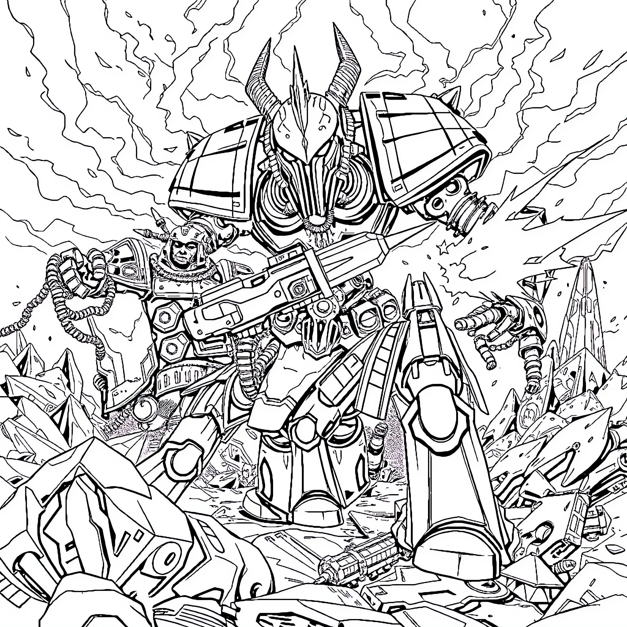 Space Marine in Epic Battle Amidst Futuristic Landscape Coloring Page (free black-and-white line drawing printable PDF for all, from beginners to advanced learners, including children, teens, adults, and seniors)