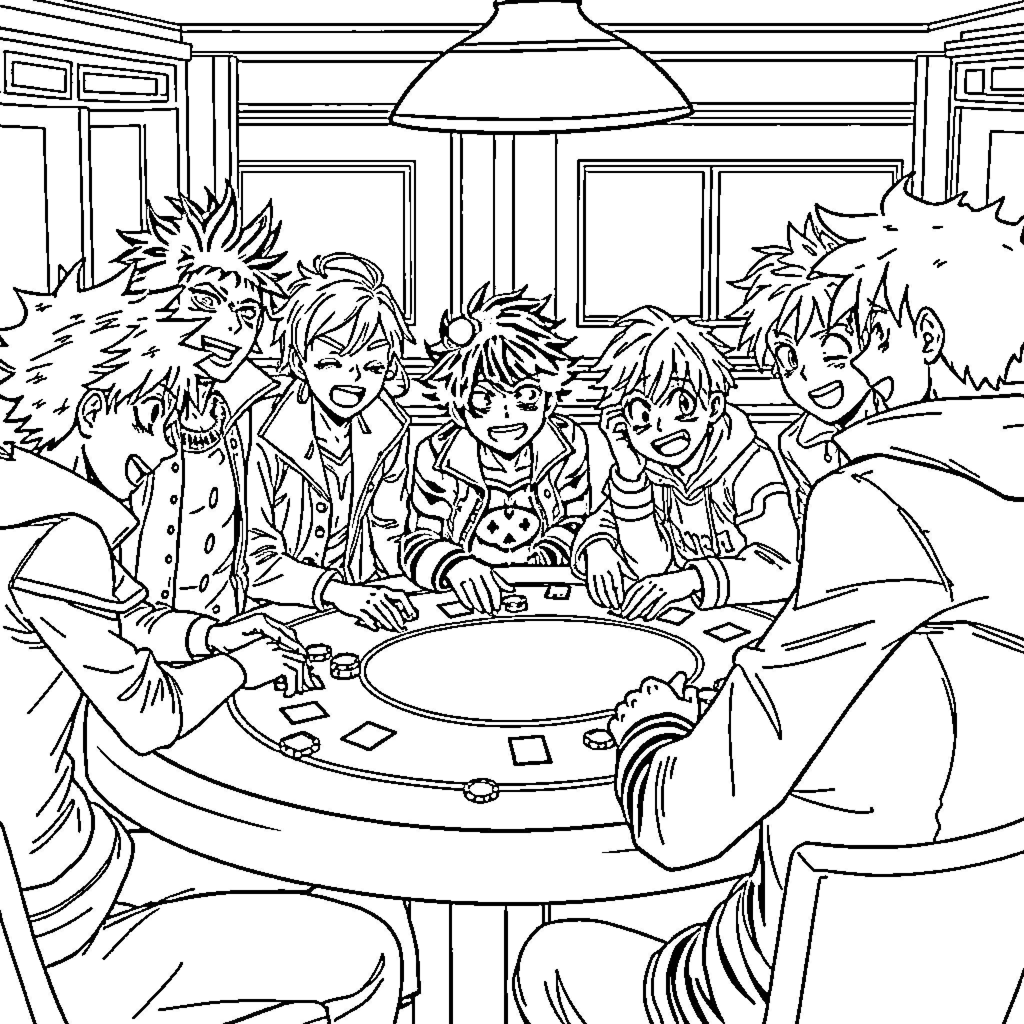 Class Gathered for Game Night Coloring Page (free black-and-white line drawing printable PDF for all, from beginners to advanced learners, including children, teens, adults, and seniors)