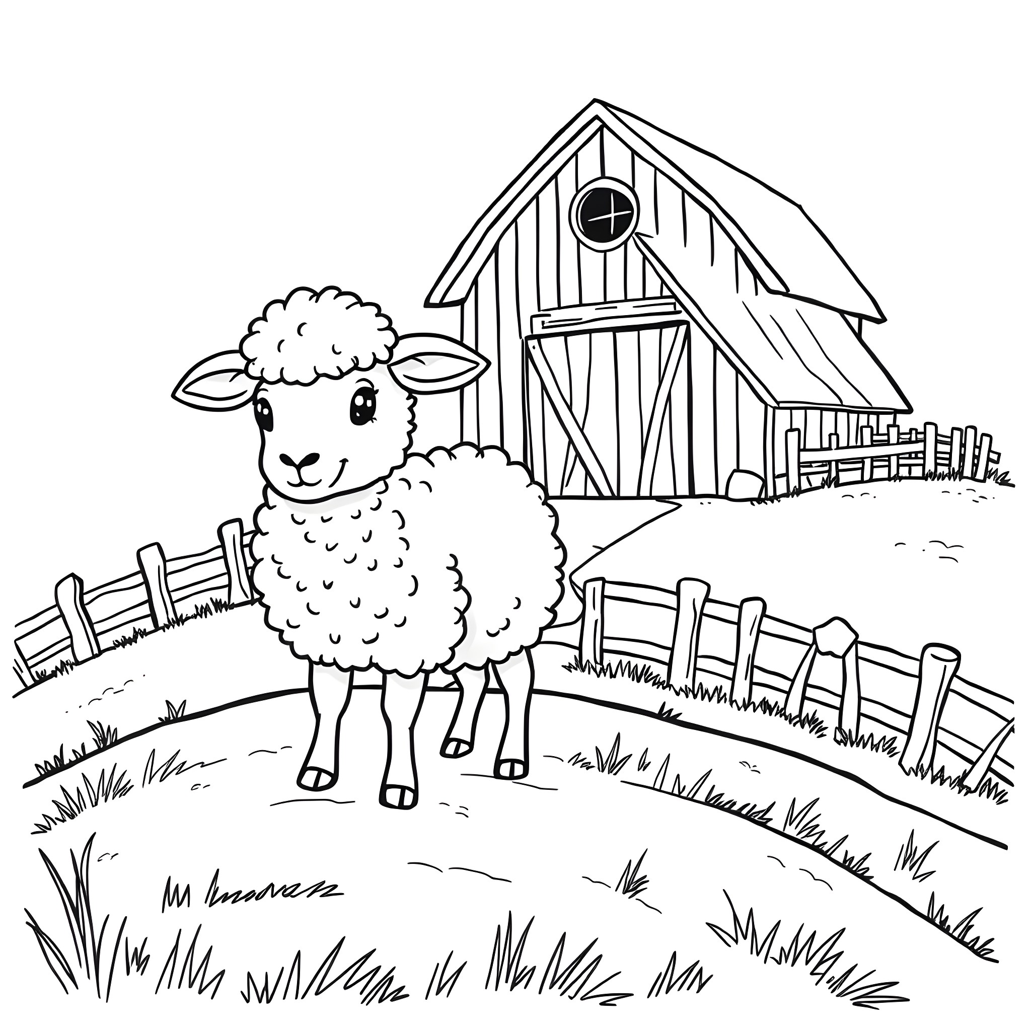 Sheep grazing peacefully near a rustic barn Coloring Page (free black-and-white line drawing printable PDF for all, from beginners to advanced learners, including children, teens, adults, and seniors)