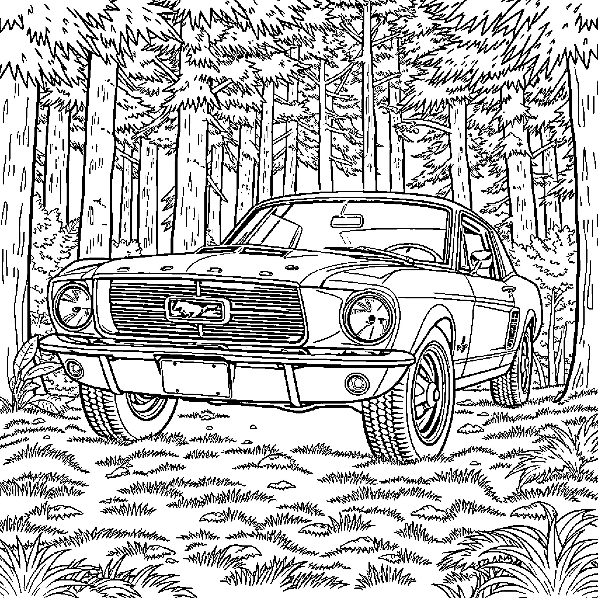 Ford Mustang speeding through the forest Coloring Page (free black-and-white line drawing printable PDF for all, from beginners to advanced learners, including children, teens, adults, and seniors)