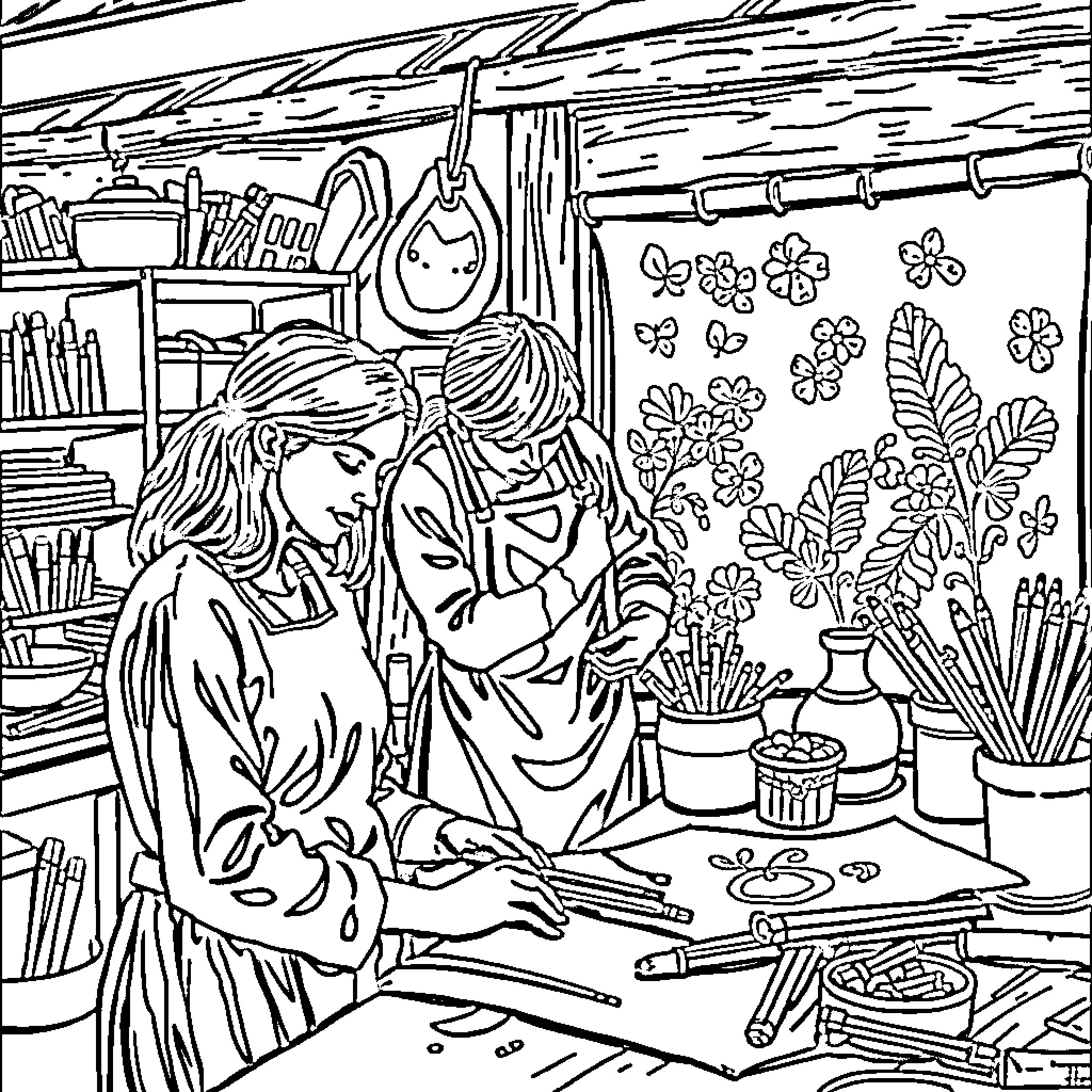 Crafting art pieces in a cozy studio Coloring Page (free black-and-white line drawing printable PDF for all, from beginners to advanced learners, including children, teens, adults, and seniors)