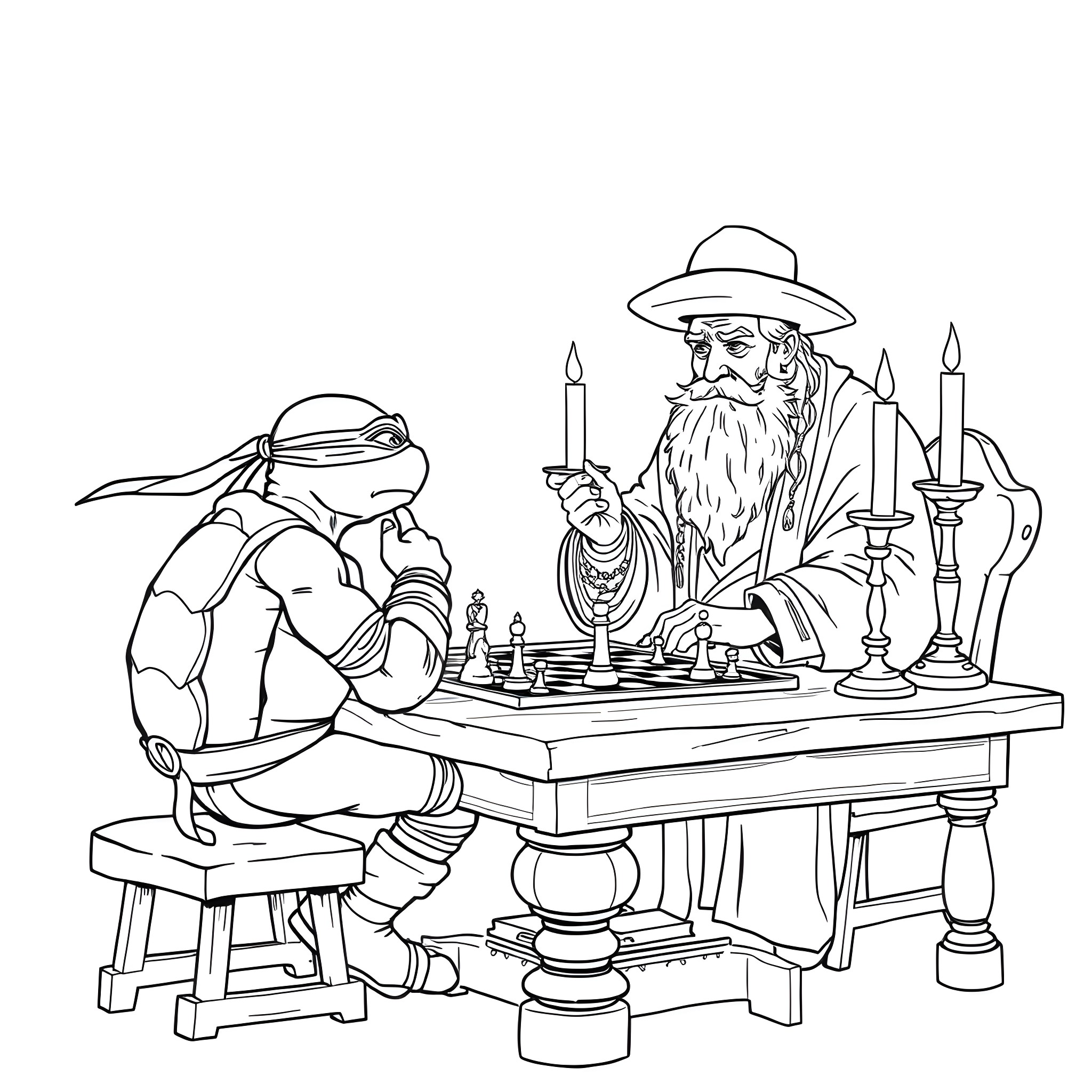 Teenage Mutant Ninja Turtle playing chess with a wizard Coloring Page (free black-and-white line drawing printable PDF for all, from beginners to advanced learners, including children, teens, adults, and seniors)