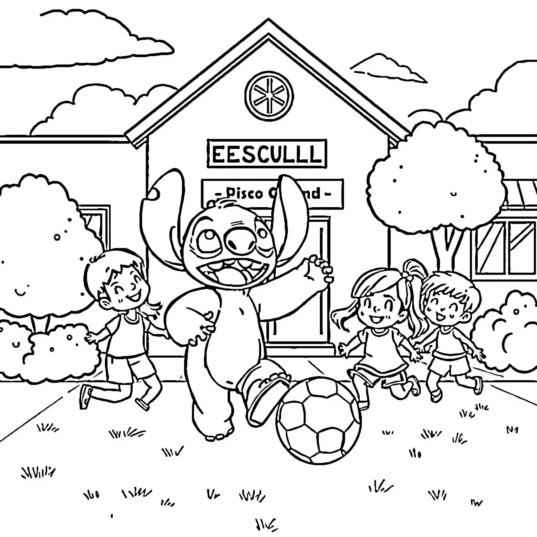 Stitch and friends playing soccer in front of a community center Coloring Page (free black-and-white line drawing printable PDF for all, from beginners to advanced learners, including children, teens, adults, and seniors)