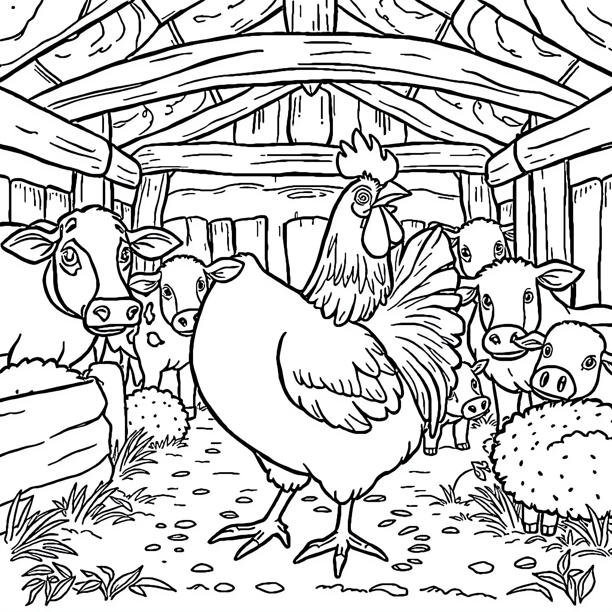 Chicken in a Farmyard Surrounded by Animals Coloring Page (free black-and-white line drawing printable PDF for all, from beginners to advanced learners, including children, teens, adults, and seniors)