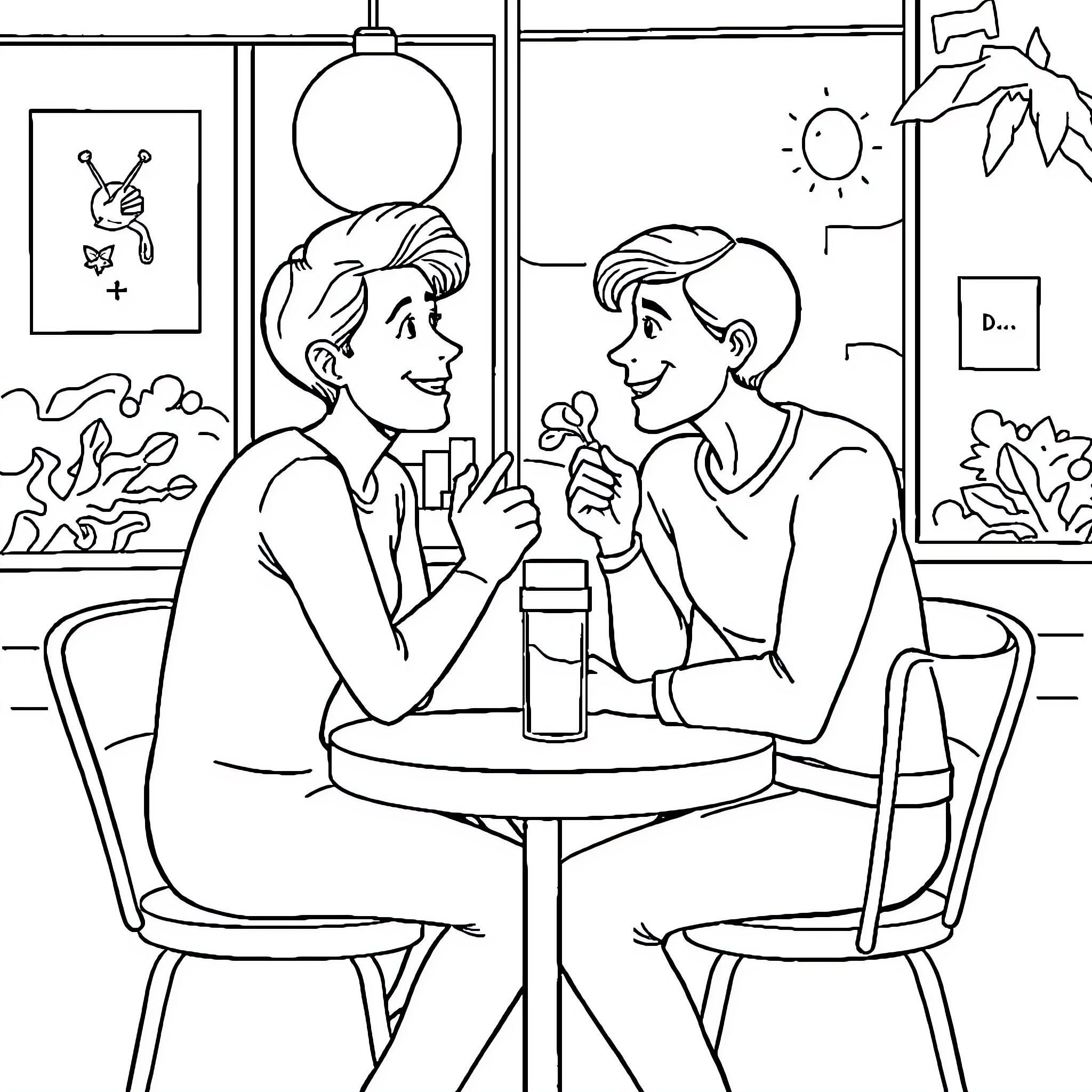 Cat friends enjoying a cozy conversation Coloring Page (free black-and-white line drawing printable PDF for all, from beginners to advanced learners, including children, teens, adults, and seniors)