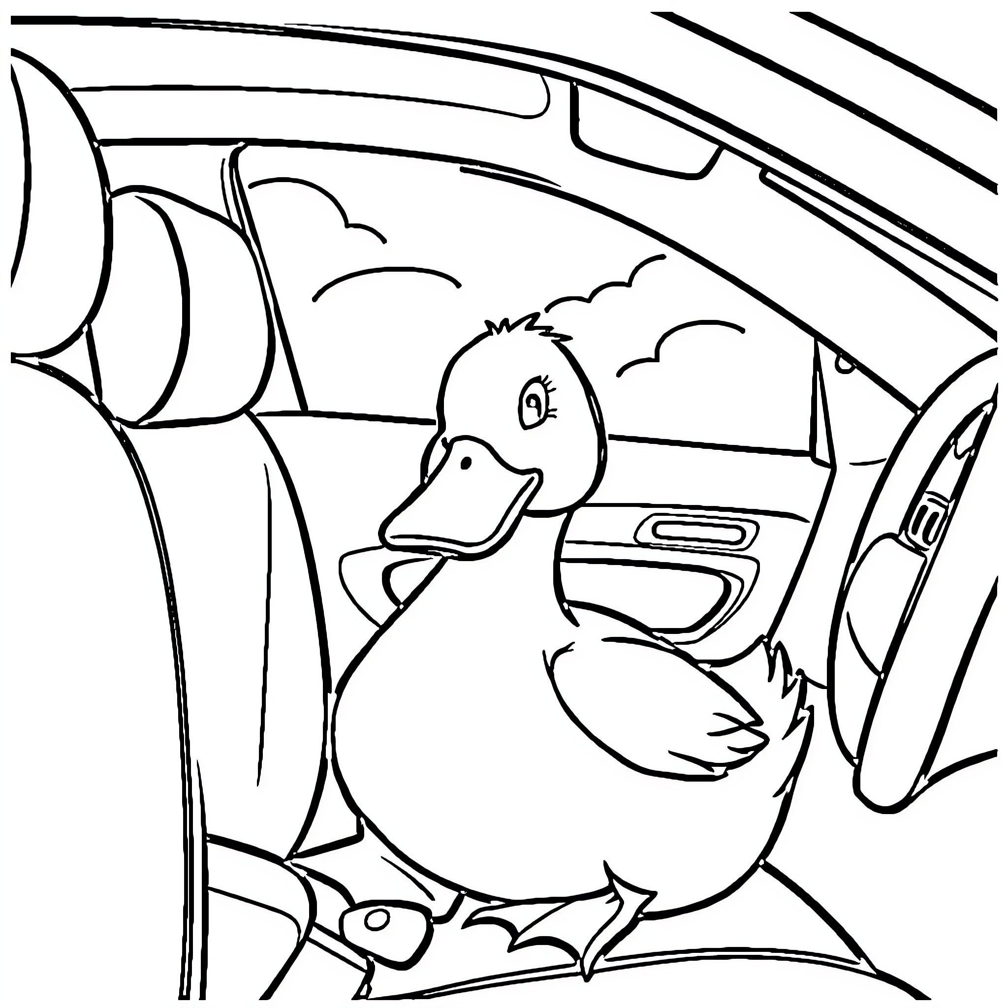 Duck riding happily in a car Coloring Page (free black-and-white line drawing printable PDF for all, from beginners to advanced learners, including children, teens, adults, and seniors)