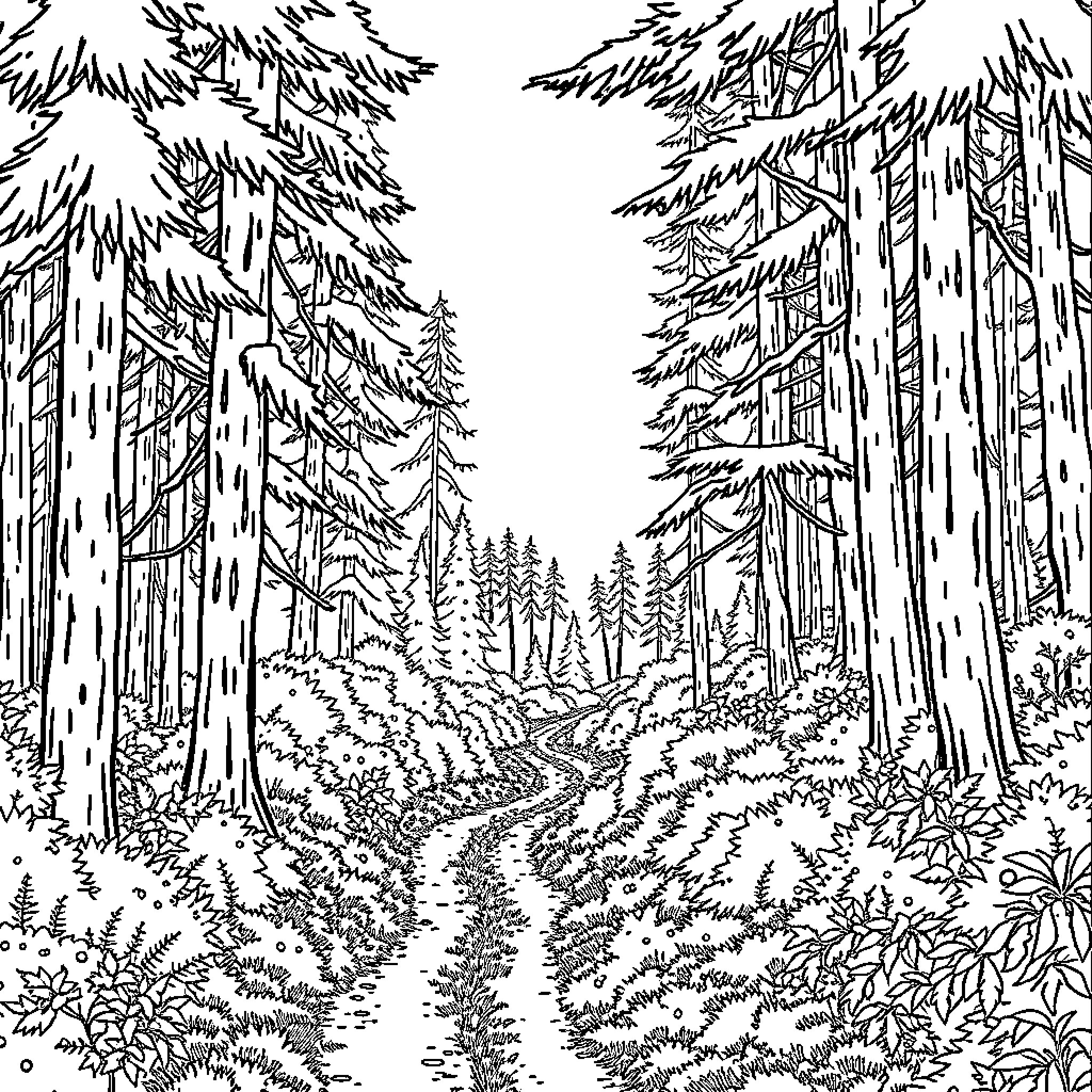Forest trail winding through towering pine trees Coloring Page (free black-and-white line drawing printable PDF for all, from beginners to advanced learners, including children, teens, adults, and seniors)