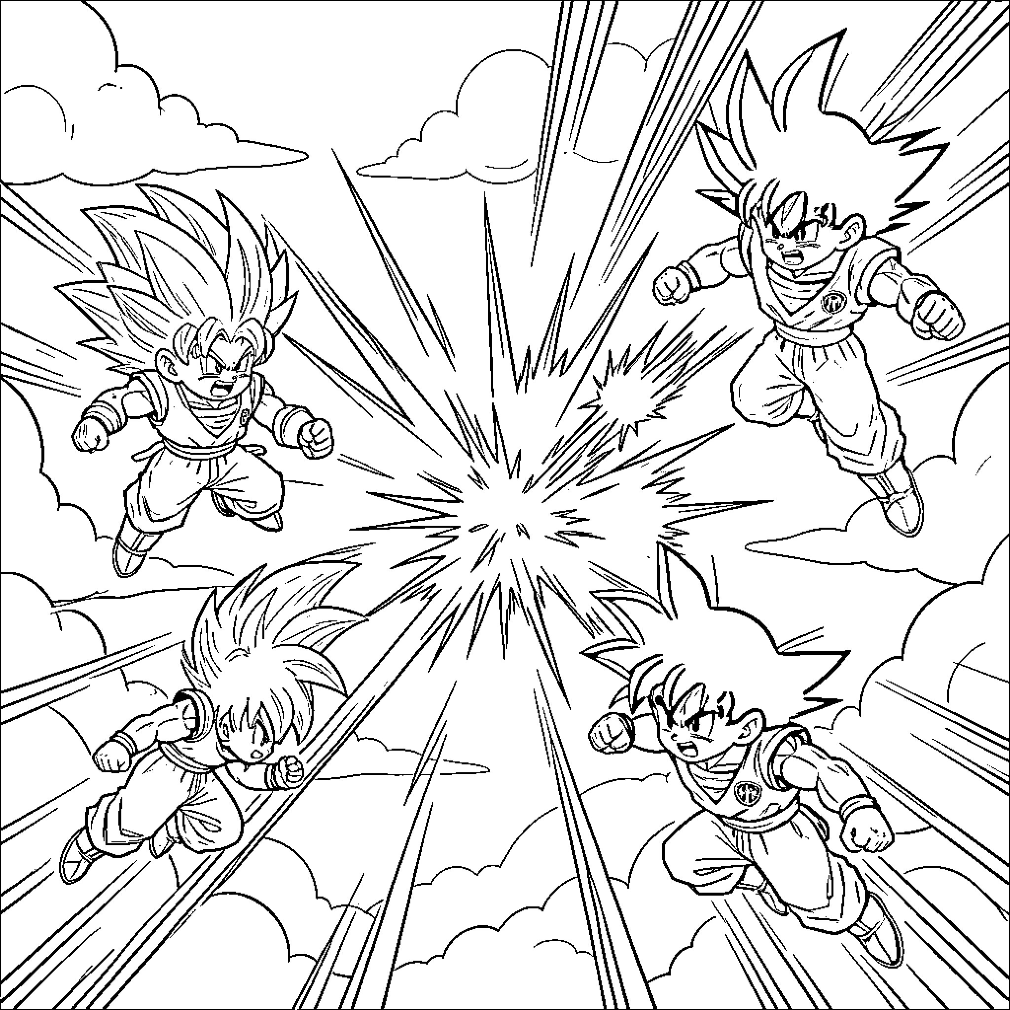 Dragon Ball Characters in Intense Battle Scene Coloring Page (free black-and-white line drawing printable PDF for all, from beginners to advanced learners, including children, teens, adults, and seniors)