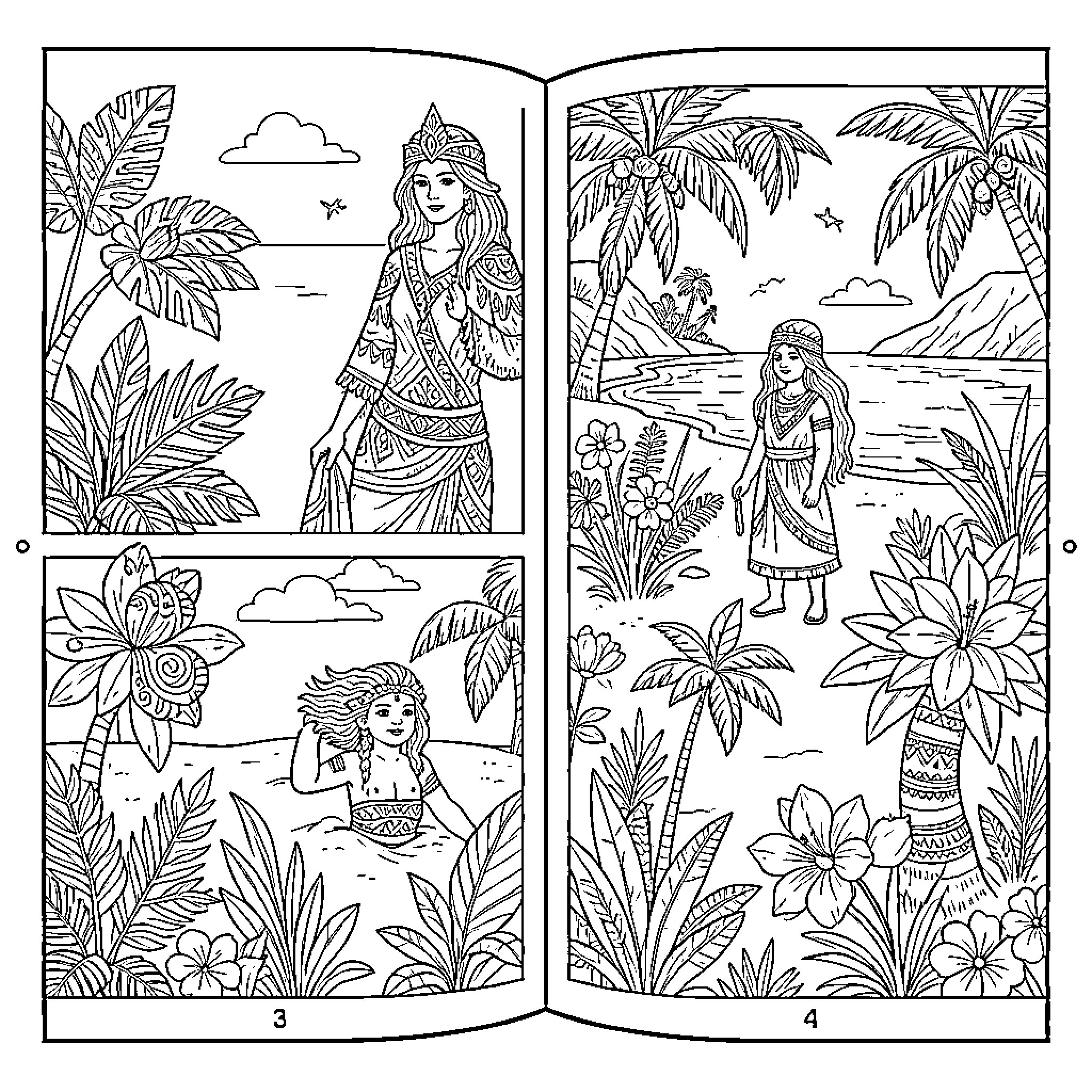 Oceania women in traditional outfits amidst tropical landscapes Coloring Page (free black-and-white line drawing printable PDF for all, from beginners to advanced learners, including children, teens, adults, and seniors)