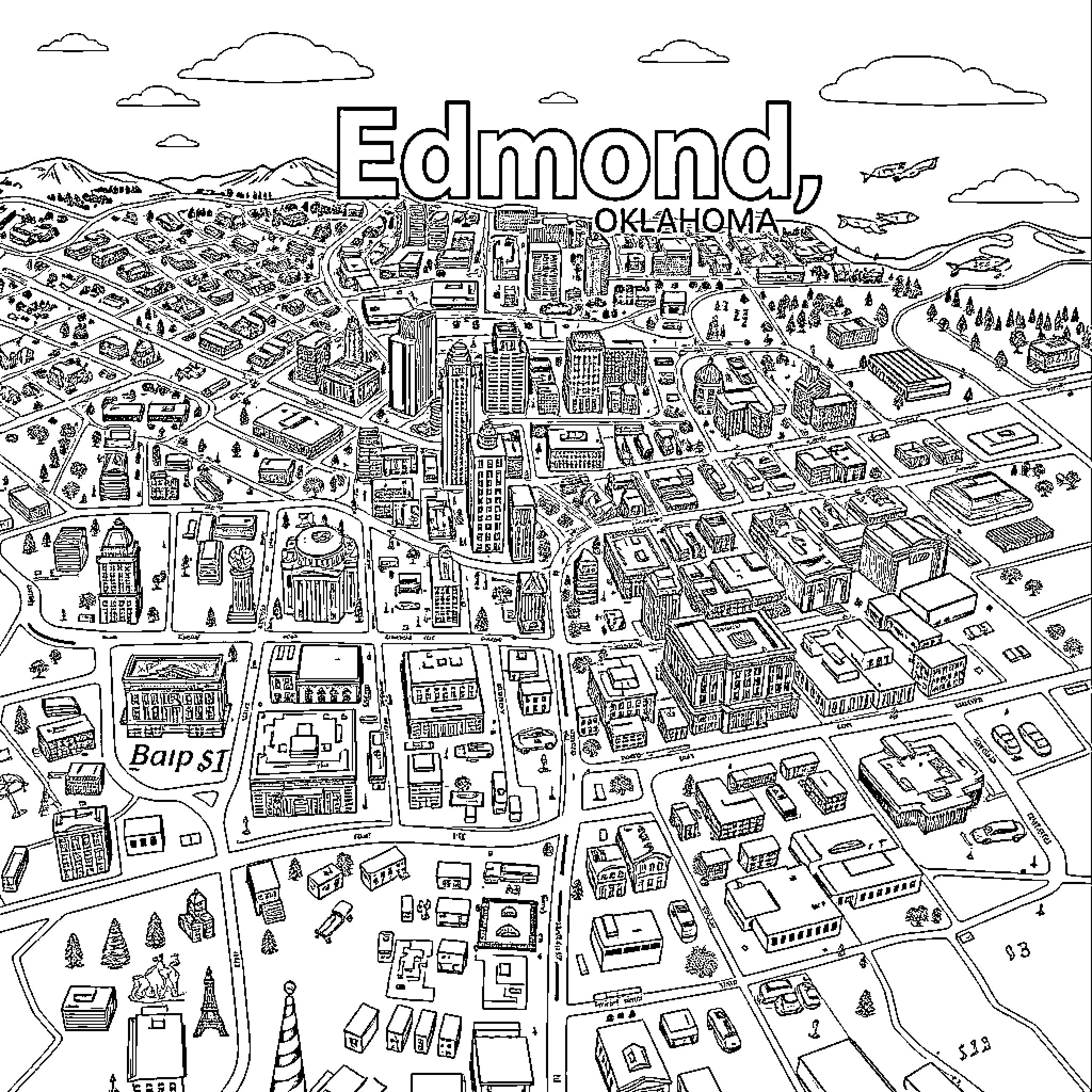 Map of Bustling Edmond City Coloring Page (free black-and-white line drawing printable PDF for all, from beginners to advanced learners, including children, teens, adults, and seniors)