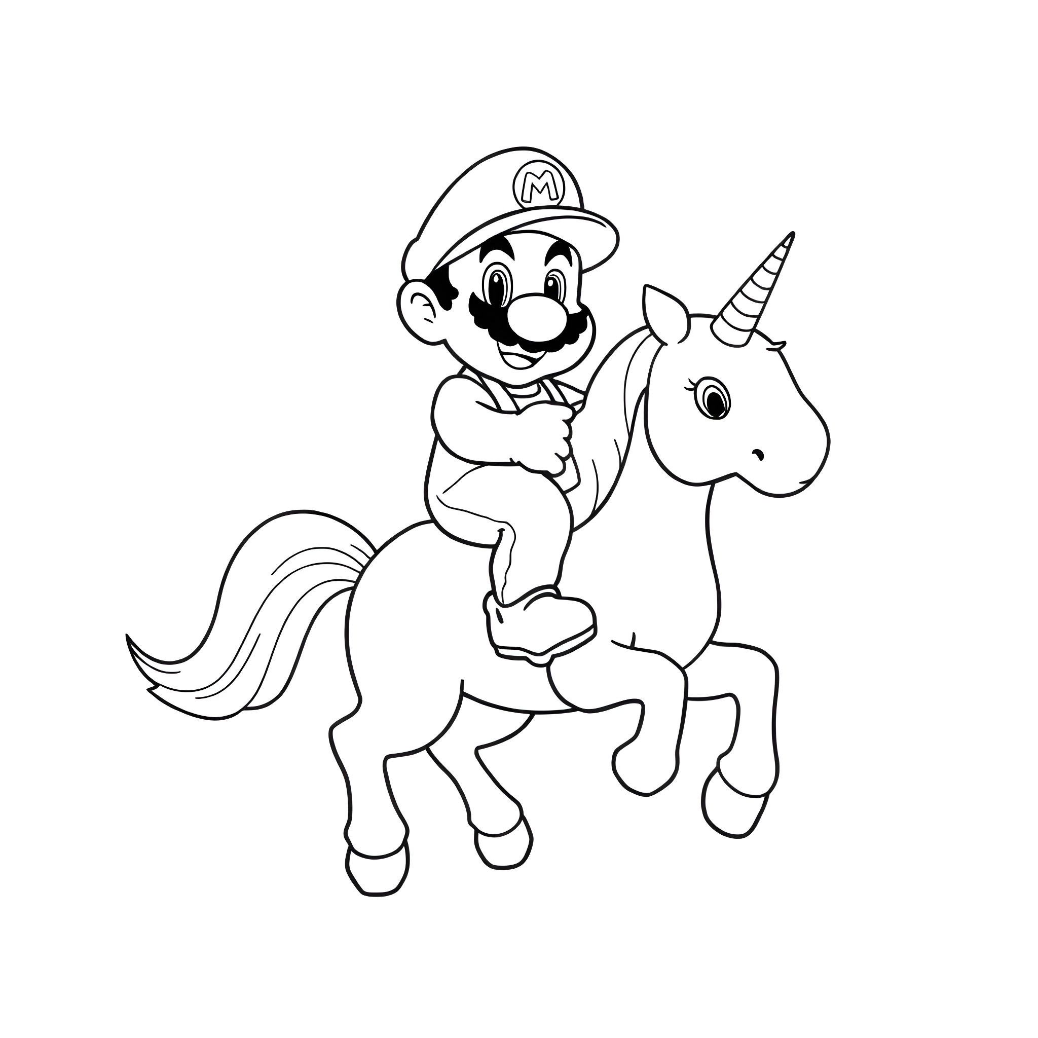 Mario riding a unicorn with a happy expression Coloring Page (free black-and-white line drawing printable PDF for all, from beginners to advanced learners, including children, teens, adults, and seniors)