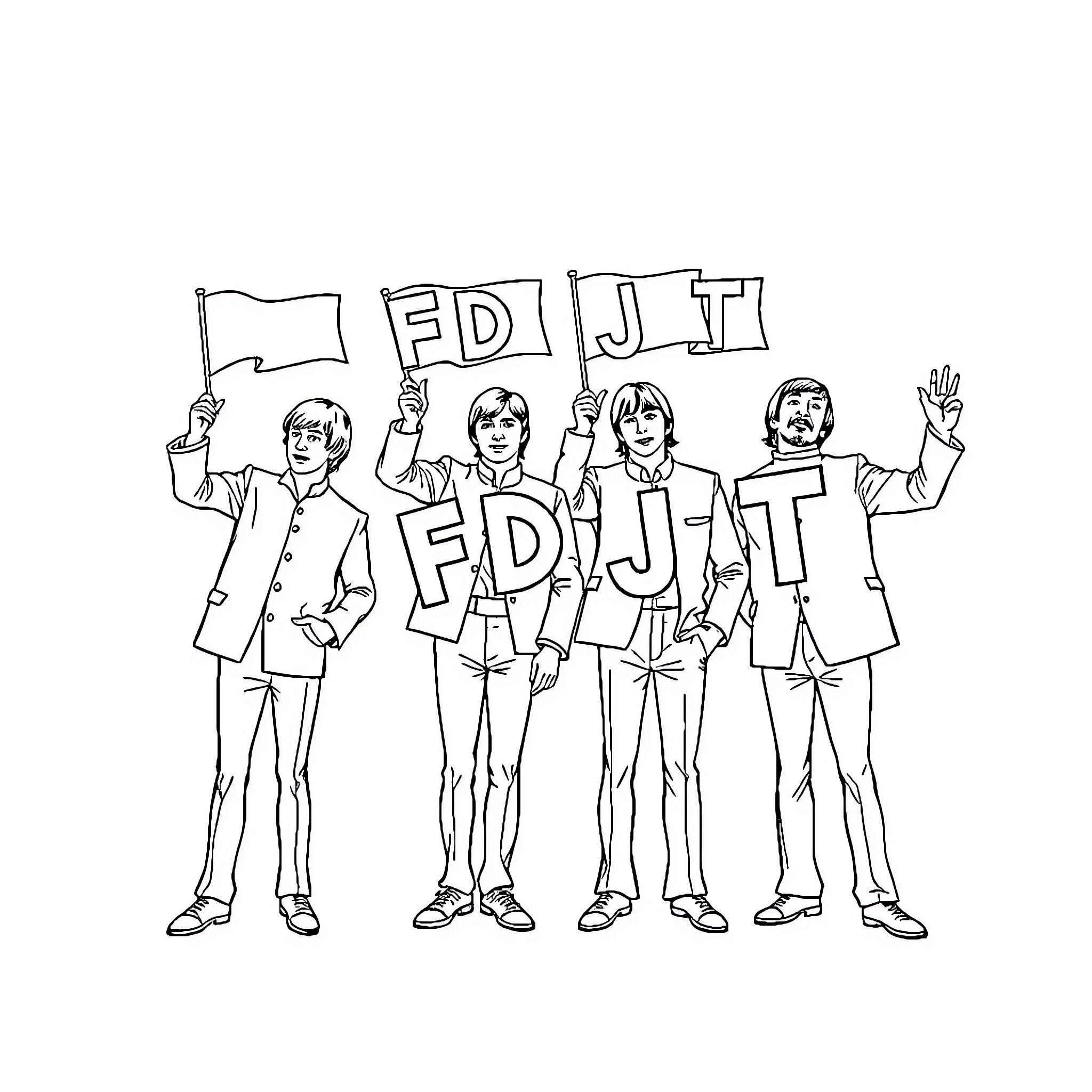 Beatles Protesting with Signs and Flags Coloring Page (free black-and-white line drawing printable PDF for all, from beginners to advanced learners, including children, teens, adults, and seniors)