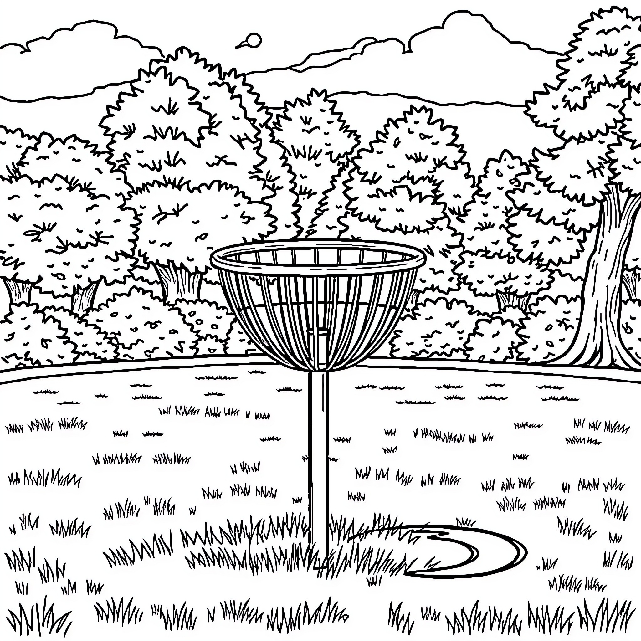 Disc Golf Basket in a Lush Forest Landscape Coloring Page (free black-and-white line drawing printable PDF for all, from beginners to advanced learners, including children, teens, adults, and seniors)