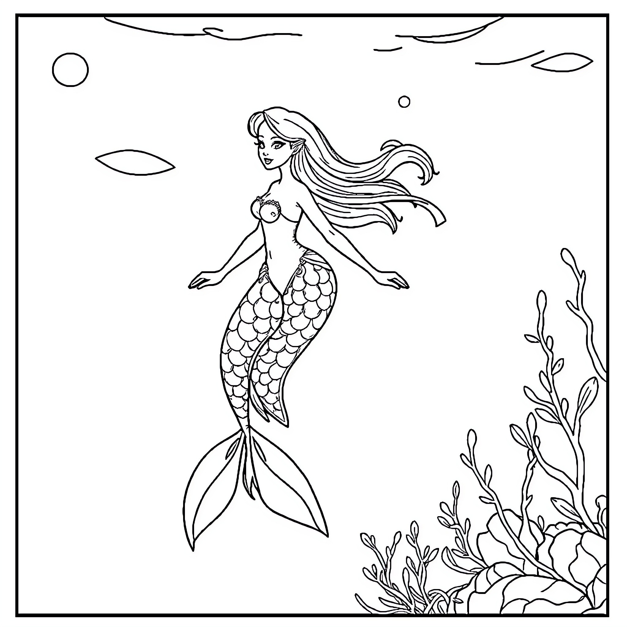 Mermaid swimming gracefully in the underwater scene Coloring Page (free black-and-white line drawing printable PDF for all, from beginners to advanced learners, including children, teens, adults, and seniors)