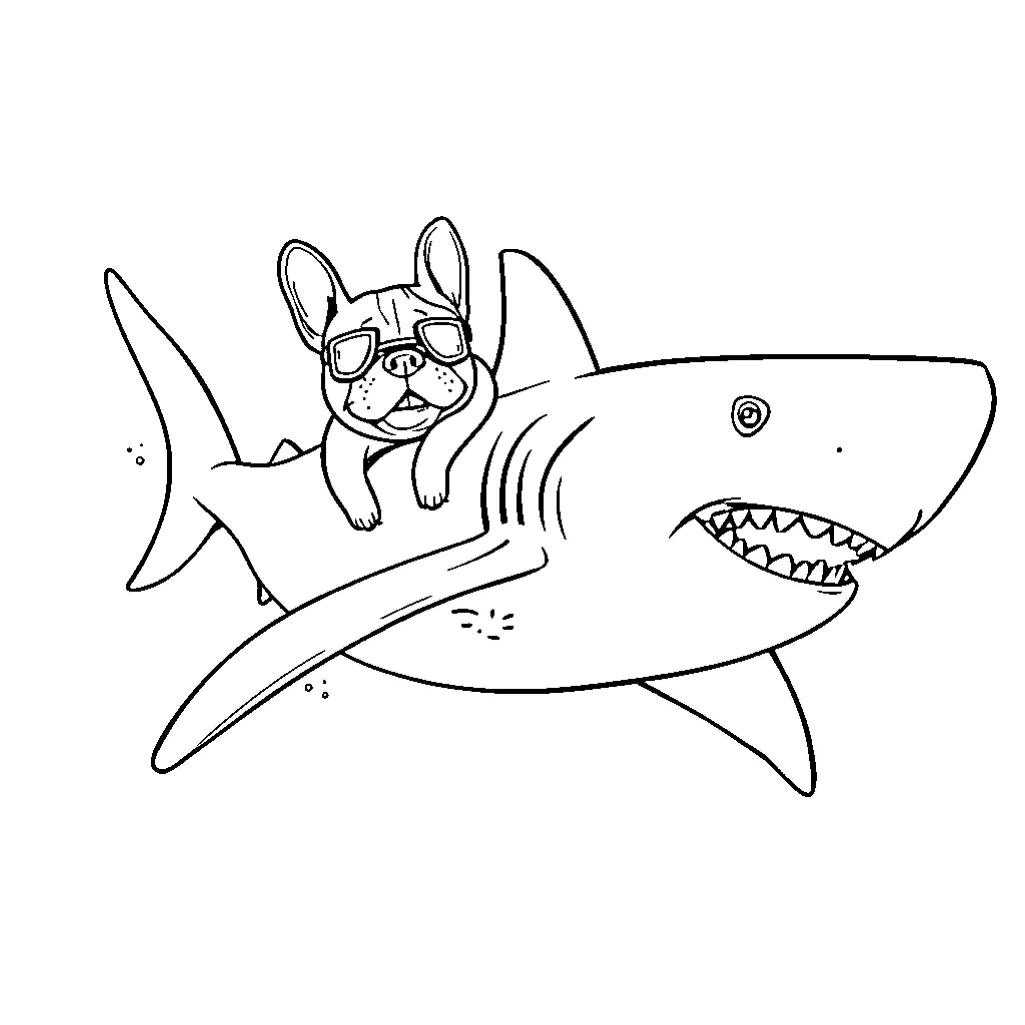 French Bulldog riding a shark with sunglasses Coloring Page (free black-and-white line drawing printable PDF for all, from beginners to advanced learners, including children, teens, adults, and seniors)