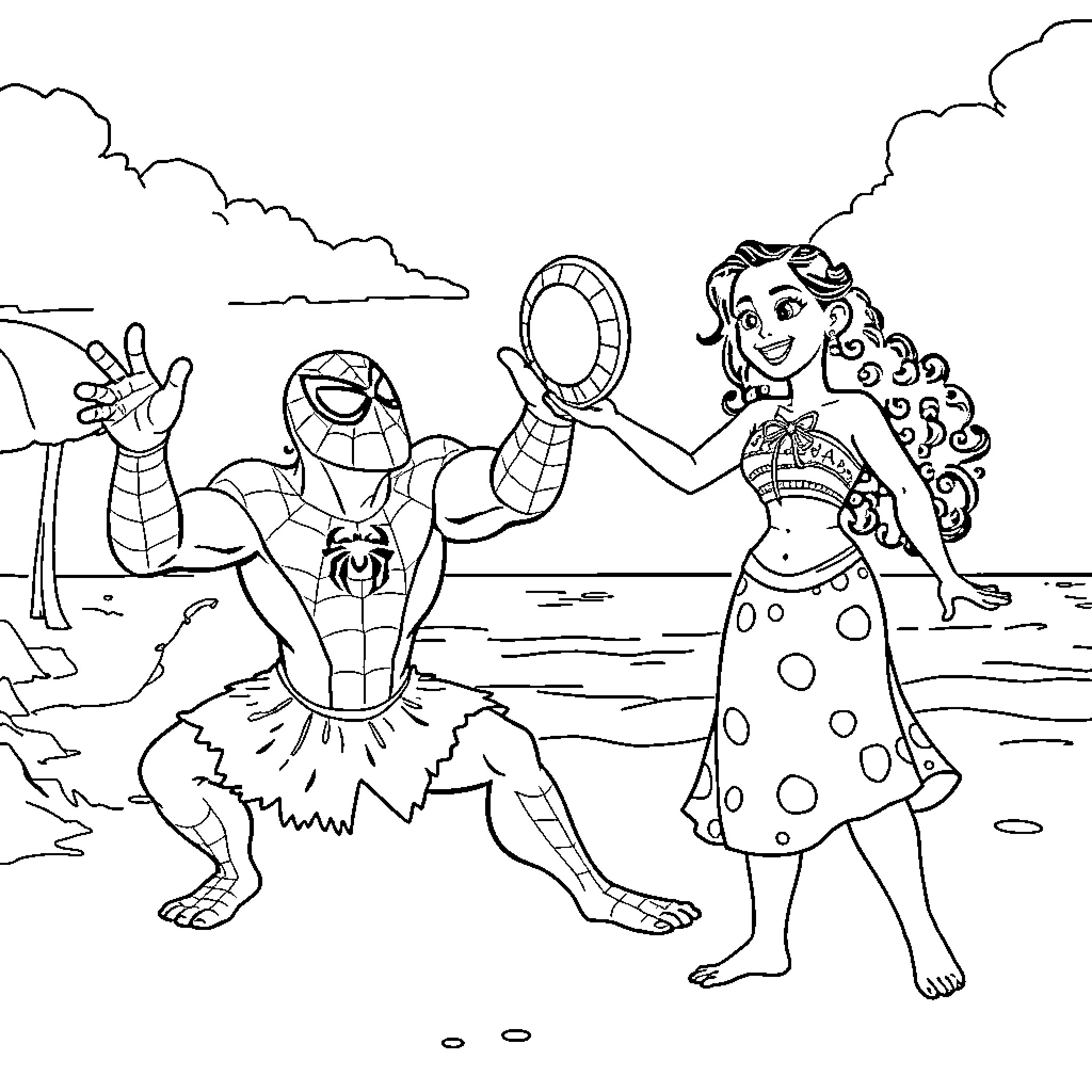 Moana and Spider-Man explore the ocean beach Coloring Page (free black-and-white line drawing printable PDF for all, from beginners to advanced learners, including children, teens, adults, and seniors)