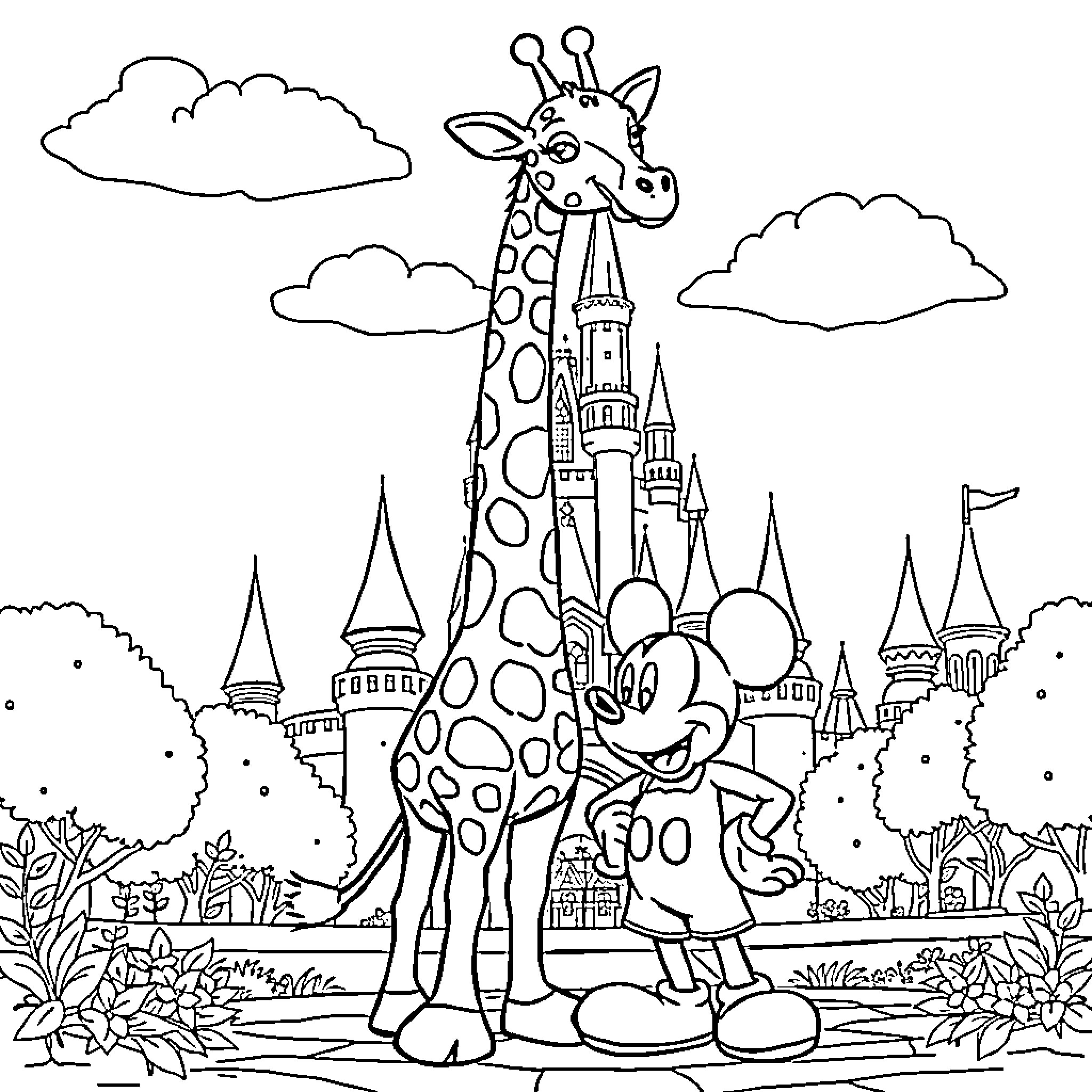 Giraffe and Mouse in Magical Castle Coloring Page (free black-and-white line drawing printable PDF for all, from beginners to advanced learners, including children, teens, adults, and seniors)
