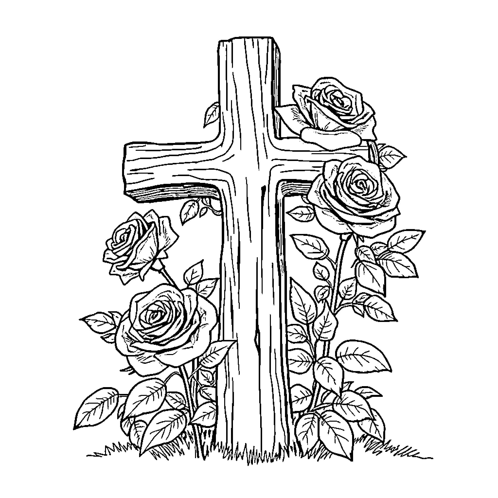 Rose Cross and Blooms on Wooden Post Coloring Page (free black-and-white line drawing printable PDF for all, from beginners to advanced learners, including children, teens, adults, and seniors)