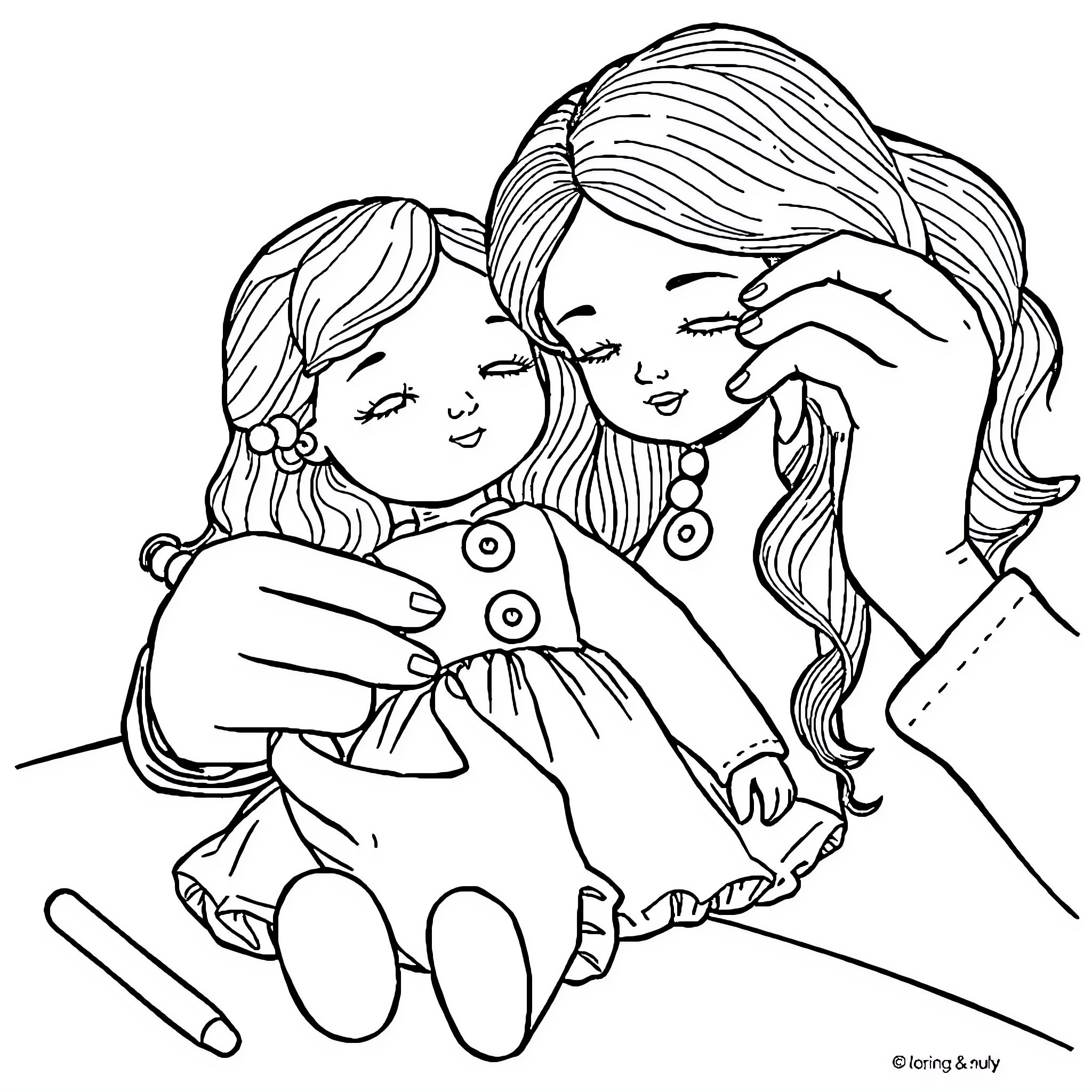 Doll Sisters Comforting Each Other Coloring Page (free black-and-white line drawing printable PDF for all, from beginners to advanced learners, including children, teens, adults, and seniors)