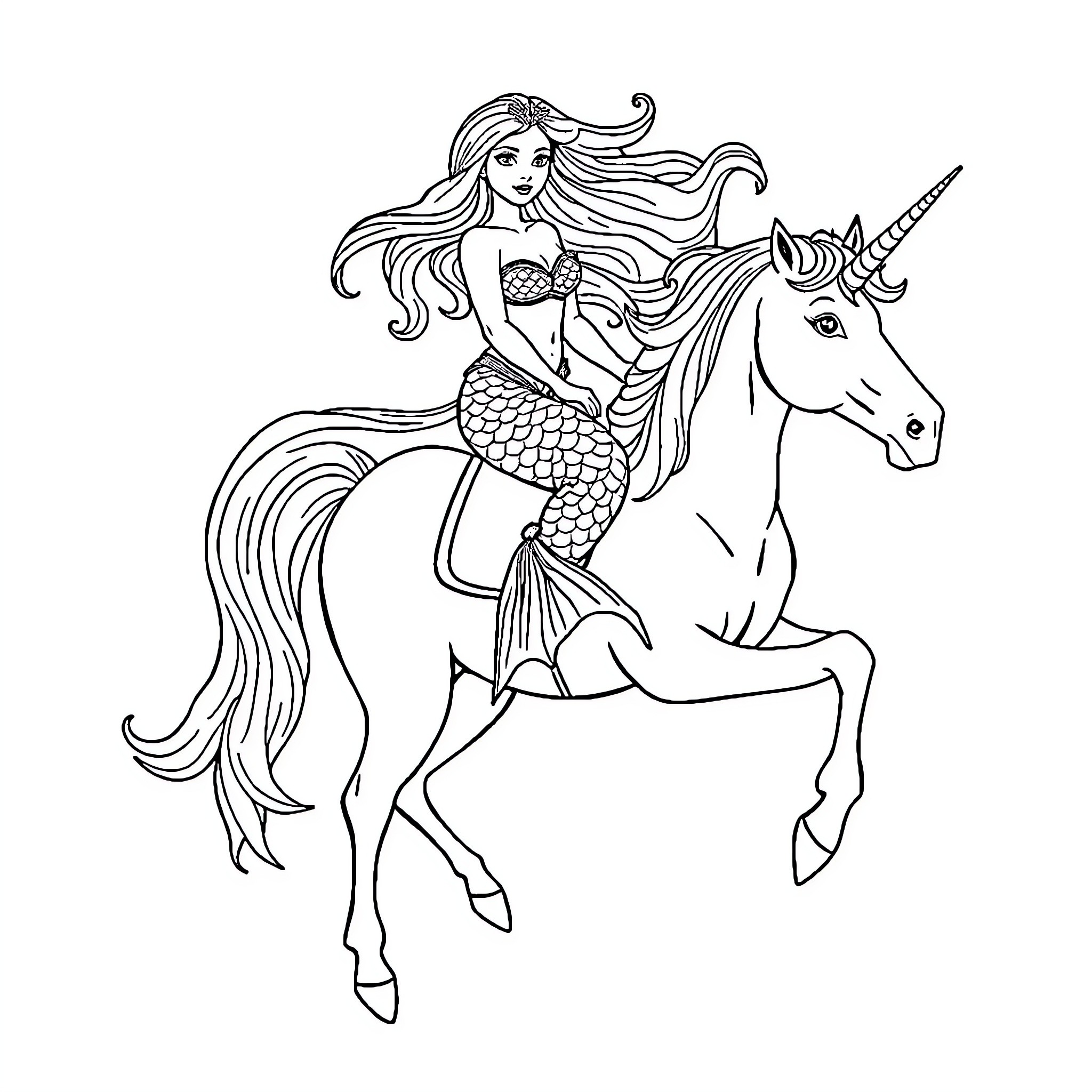 Mermaid riding a majestic unicorn Coloring Page (free black-and-white line drawing printable PDF for all, from beginners to advanced learners, including children, teens, adults, and seniors)