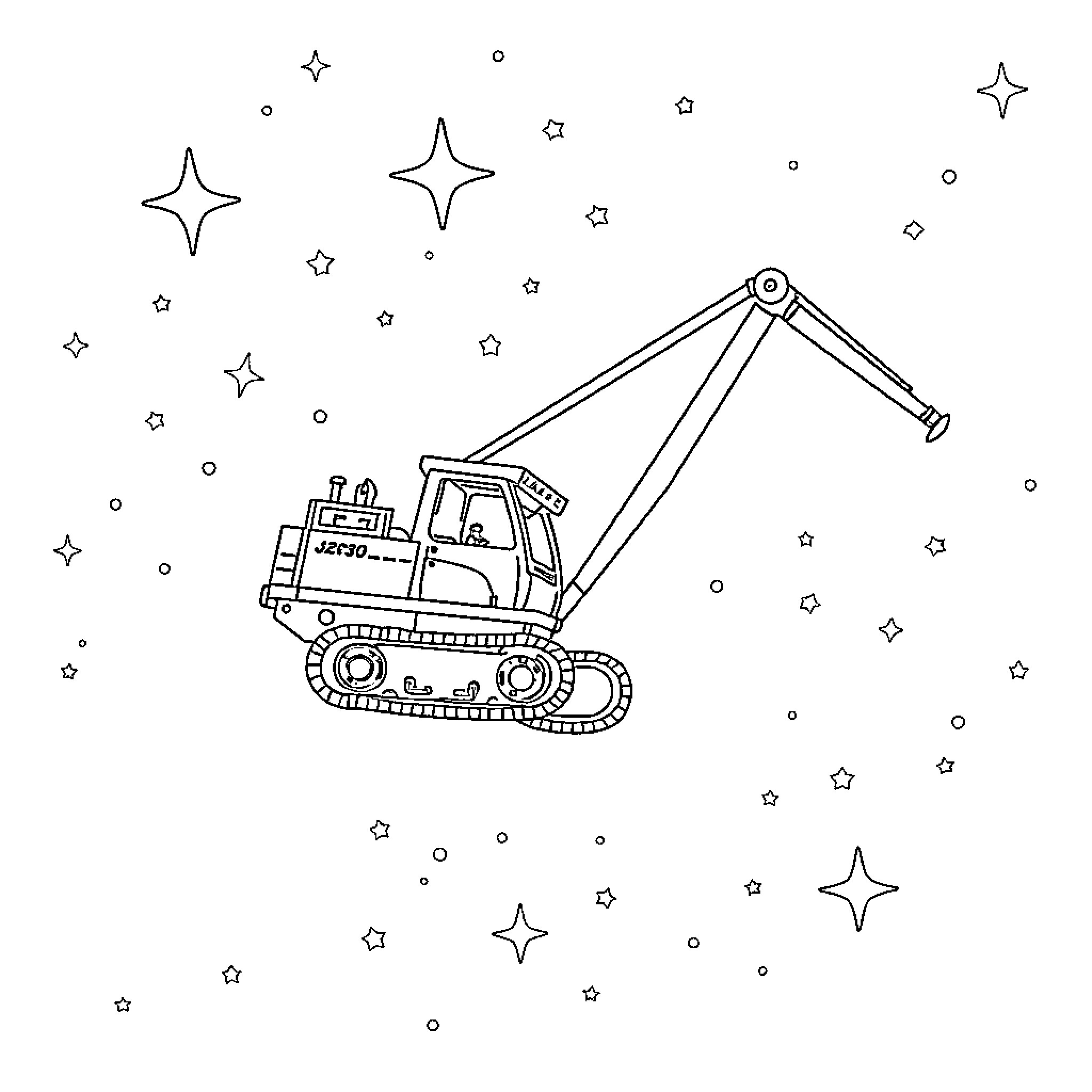 Construction Equipment Lifting in Starry Night Coloring Page (free black-and-white line drawing printable PDF for all, from beginners to advanced learners, including children, teens, adults, and seniors)