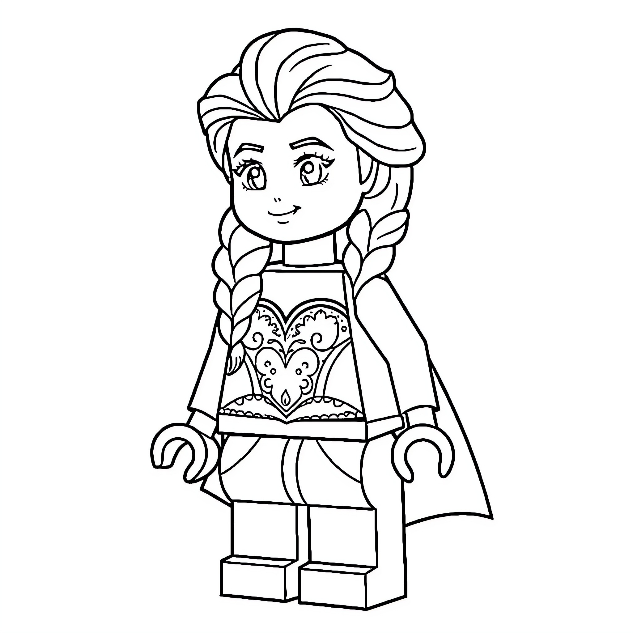 Elsa in her winter dress and braid Coloring Page (free black-and-white line drawing printable PDF for all, from beginners to advanced learners, including children, teens, adults, and seniors)