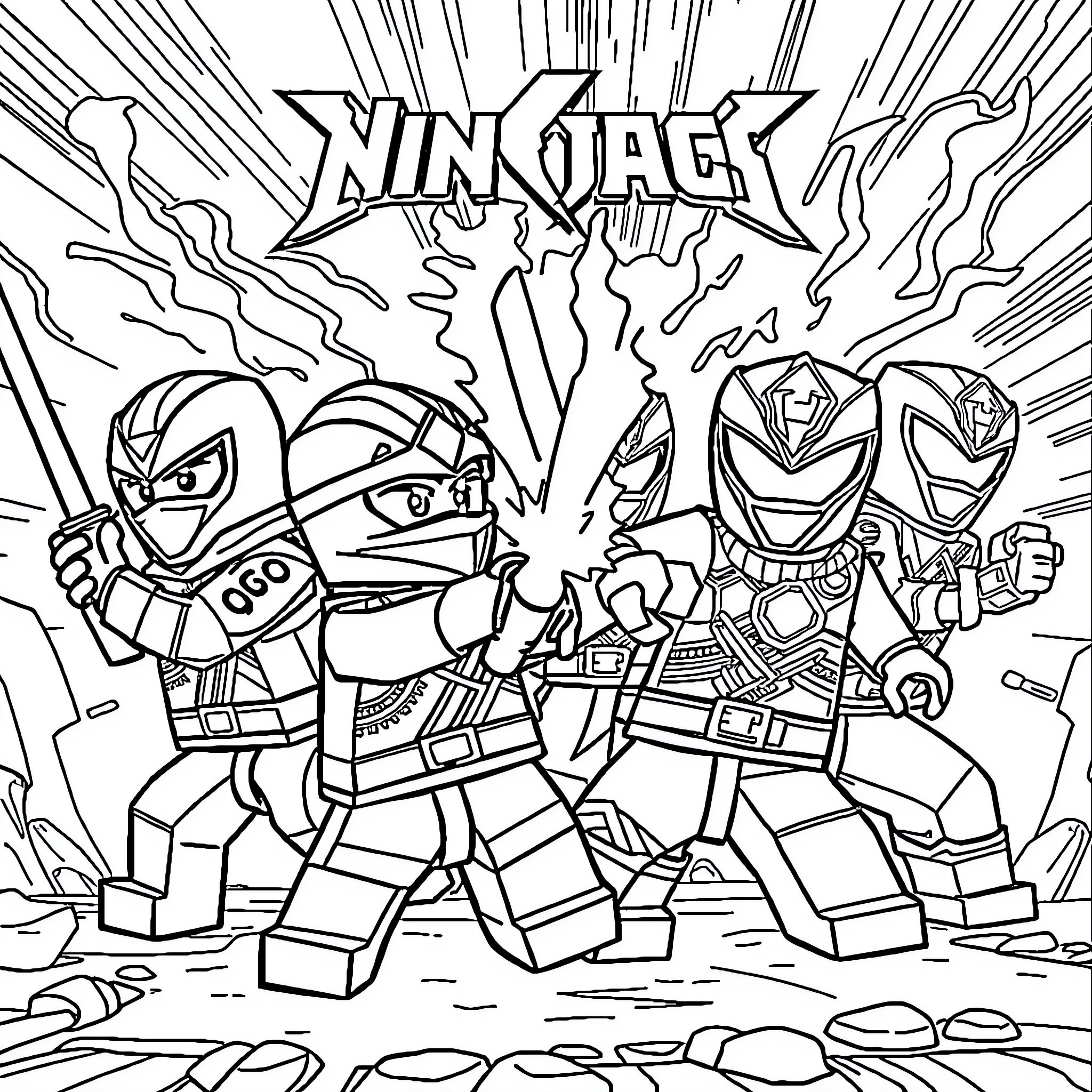 Ninjago heroes in action pose with energy blasts Coloring Page (free black-and-white line drawing printable PDF for all, from beginners to advanced learners, including children, teens, adults, and seniors)