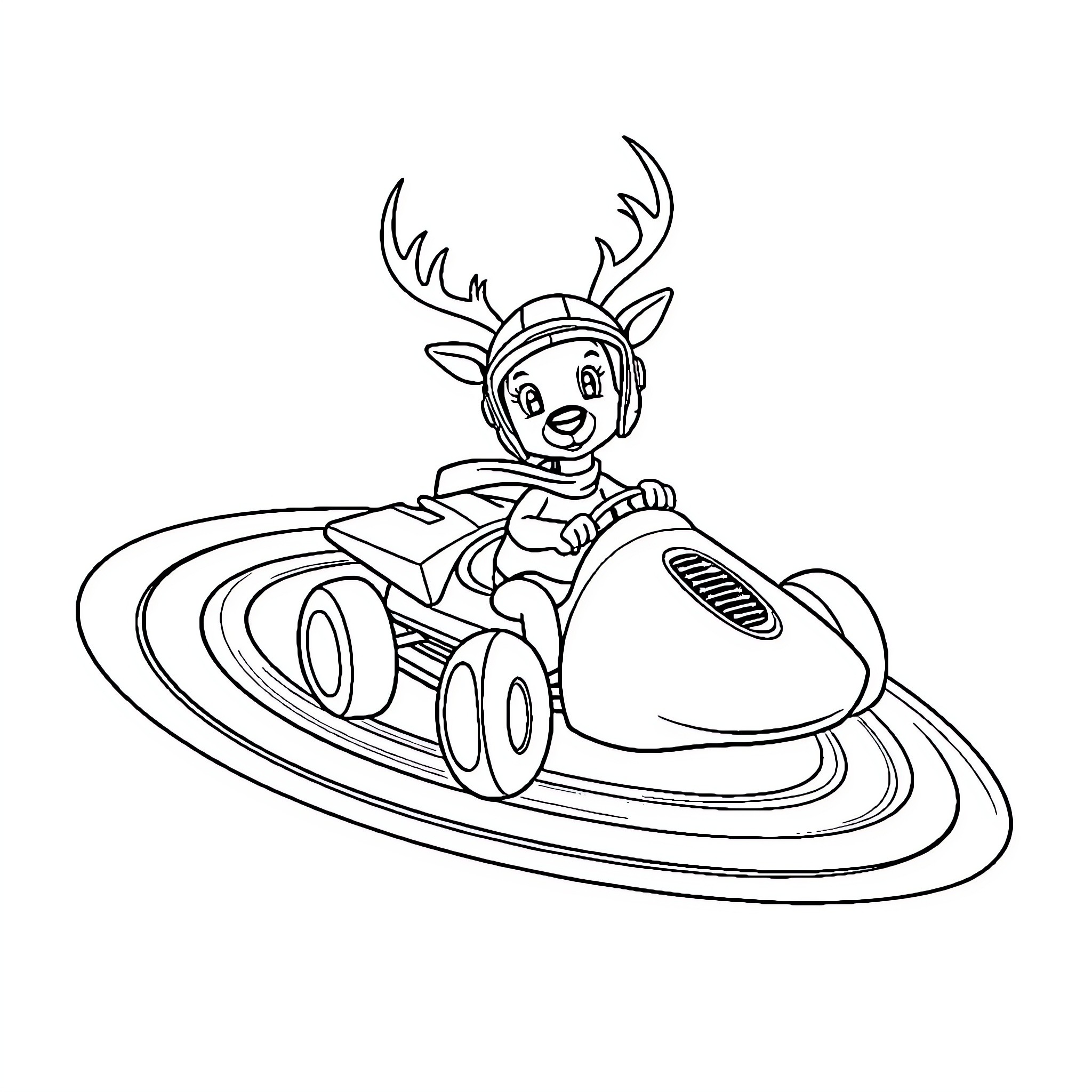Deer riding a hover vehicle with joy Coloring Page (free black-and-white line drawing printable PDF for all, from beginners to advanced learners, including children, teens, adults, and seniors)