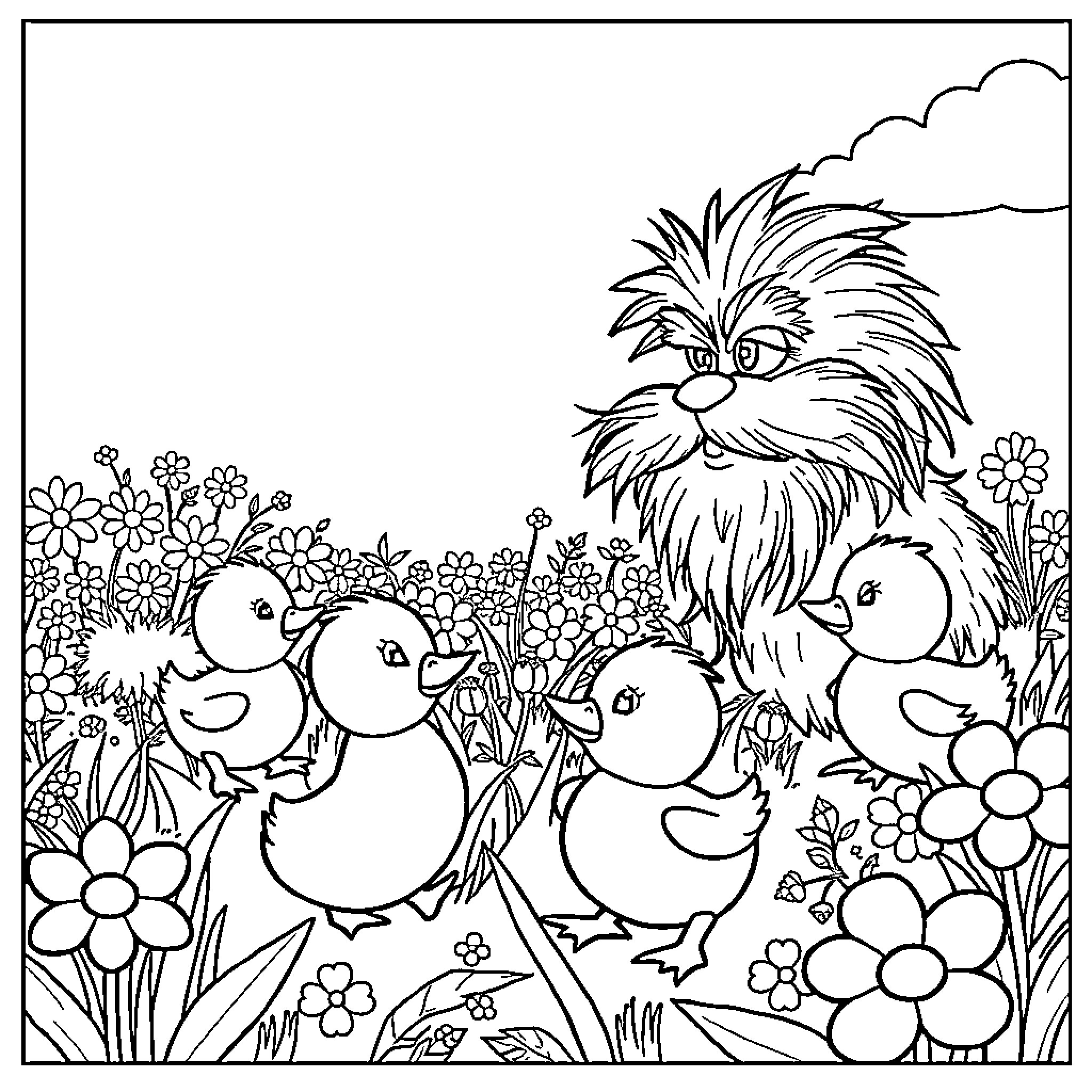 Rubber Duck Coloring Page with Ducklings and Flowers Coloring Page (free black-and-white line drawing printable PDF for all, from beginners to advanced learners, including children, teens, adults, and seniors)
