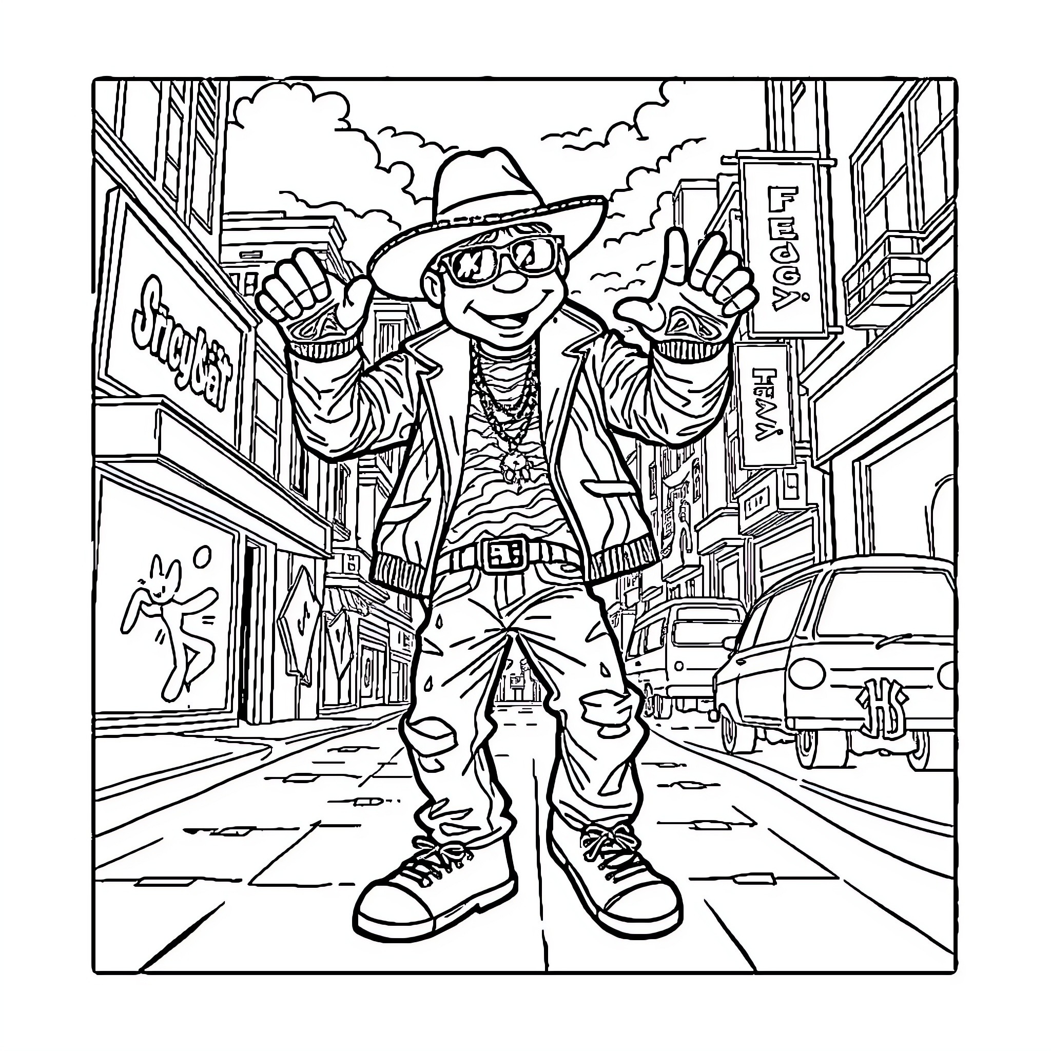 Freddy's Vibrant Urban Adventure Coloring Page (free black-and-white line drawing printable PDF for all, from beginners to advanced learners, including children, teens, adults, and seniors)