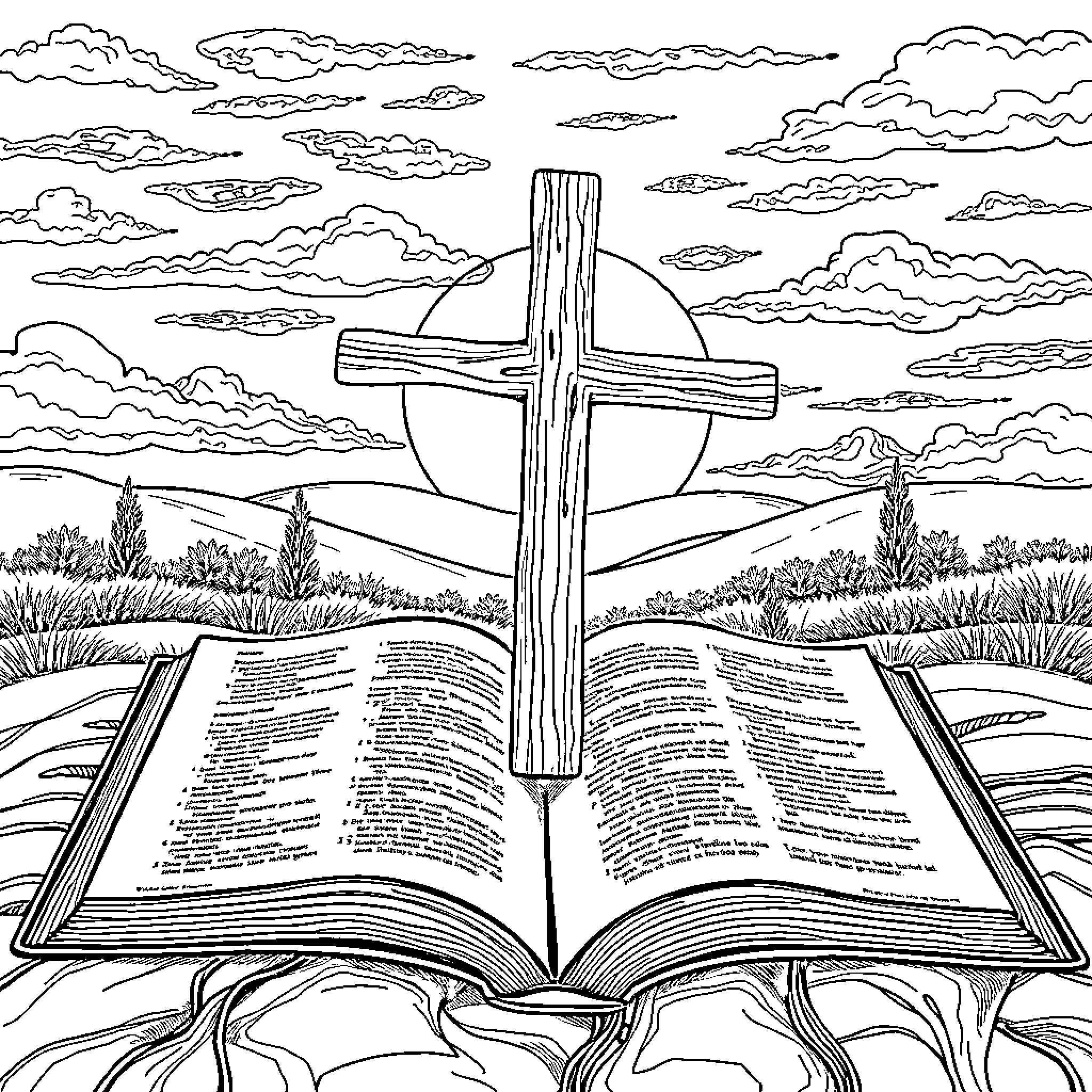 Cross on an Open Bible with Cloudy Sky Coloring Page (free black-and-white line drawing printable PDF for all, from beginners to advanced learners, including children, teens, adults, and seniors)