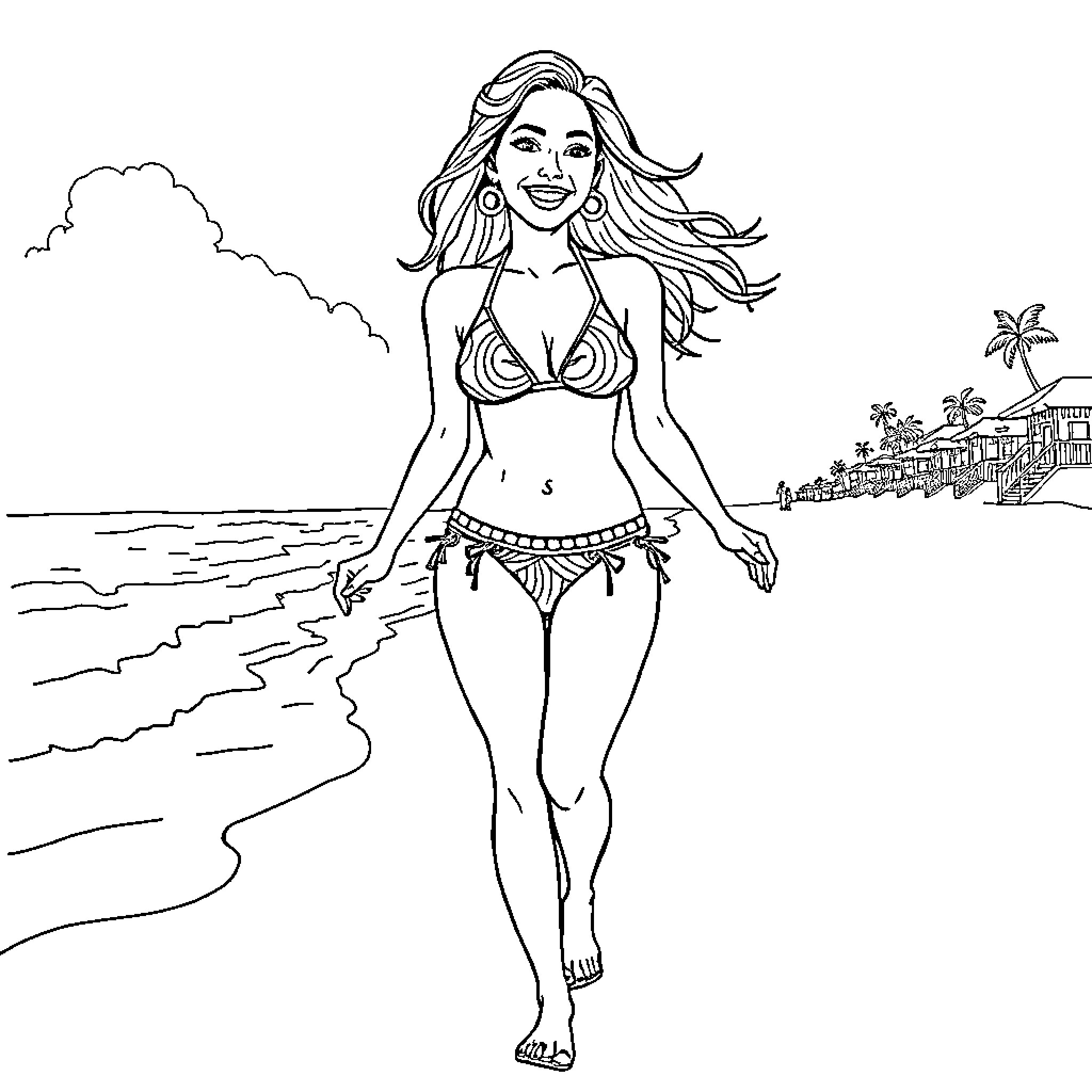 Jenna Ortega posing confidently on the beach Coloring Page (free black-and-white line drawing printable PDF for all, from beginners to advanced learners, including children, teens, adults, and seniors)