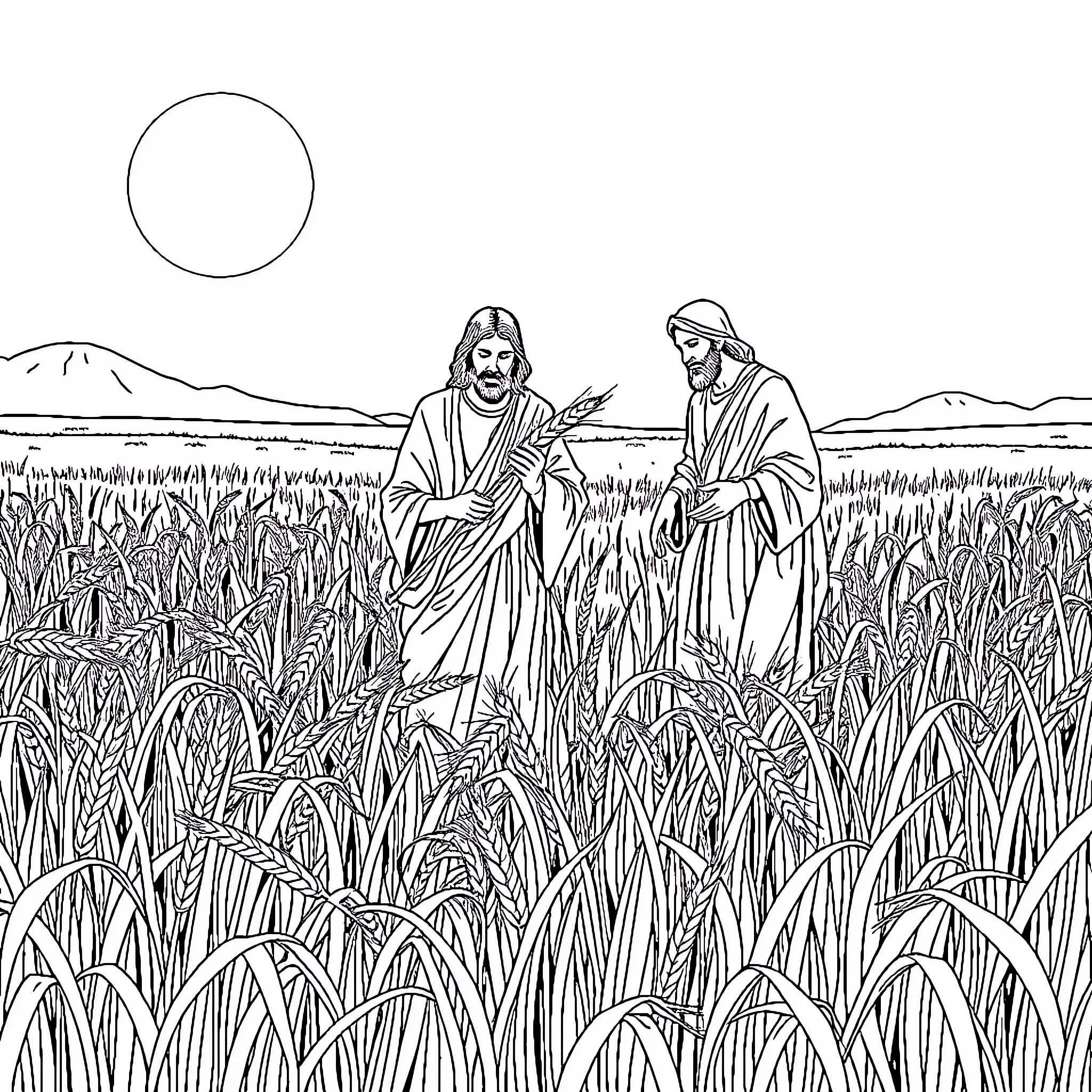 Apostles walking through the fields Coloring Page (free black-and-white line drawing printable PDF for all, from beginners to advanced learners, including children, teens, adults, and seniors)