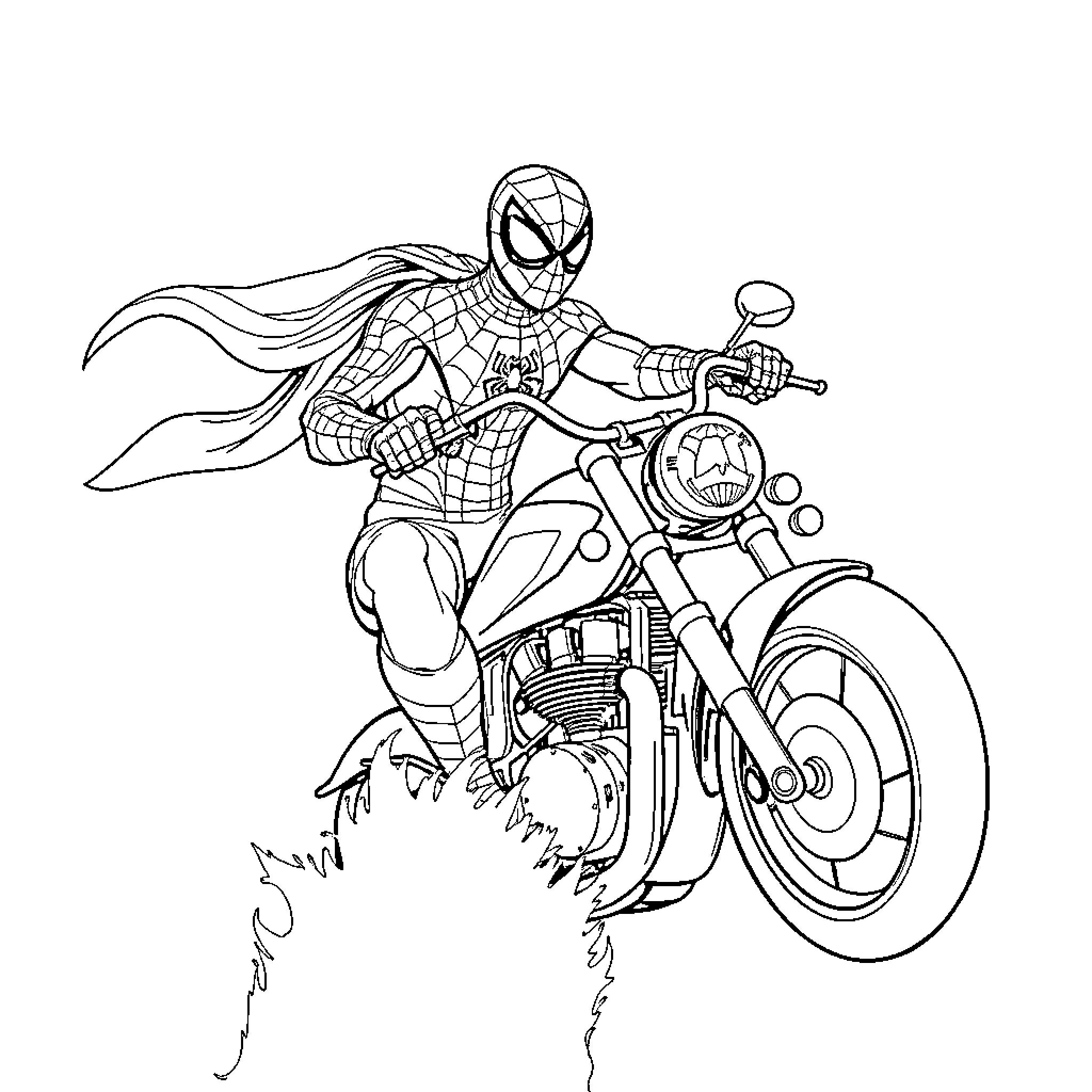 Spiderman soars through the city on a motorcycle Coloring Page (free black-and-white line drawing printable PDF for all, from beginners to advanced learners, including children, teens, adults, and seniors)