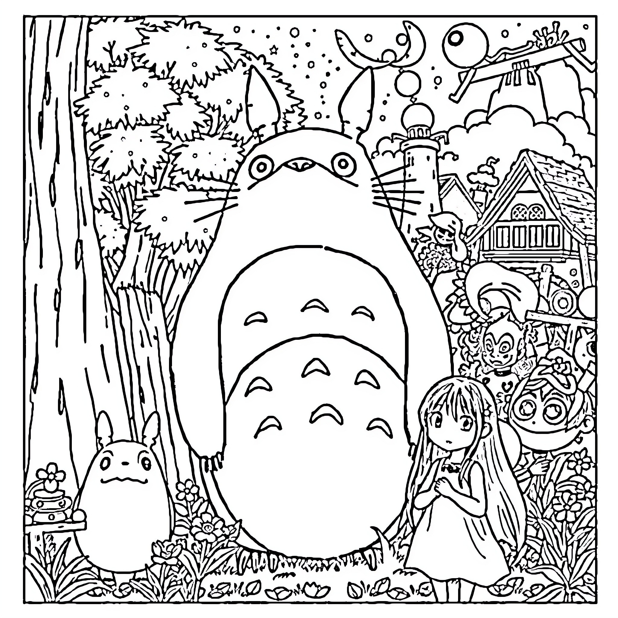 Studio Ghibli characters in a whimsical forest setting Coloring Page (free black-and-white line drawing printable PDF for all, from beginners to advanced learners, including children, teens, adults, and seniors)