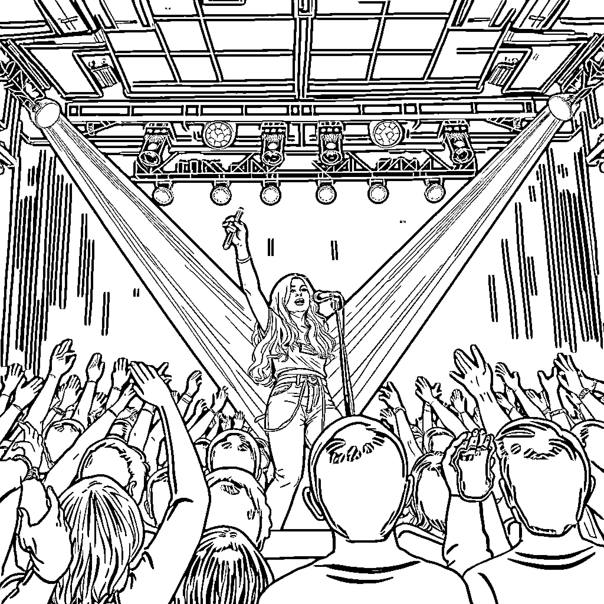 Billie Eilish performing on stage before cheering crowd Coloring Page (free black-and-white line drawing printable PDF for all, from beginners to advanced learners, including children, teens, adults, and seniors)