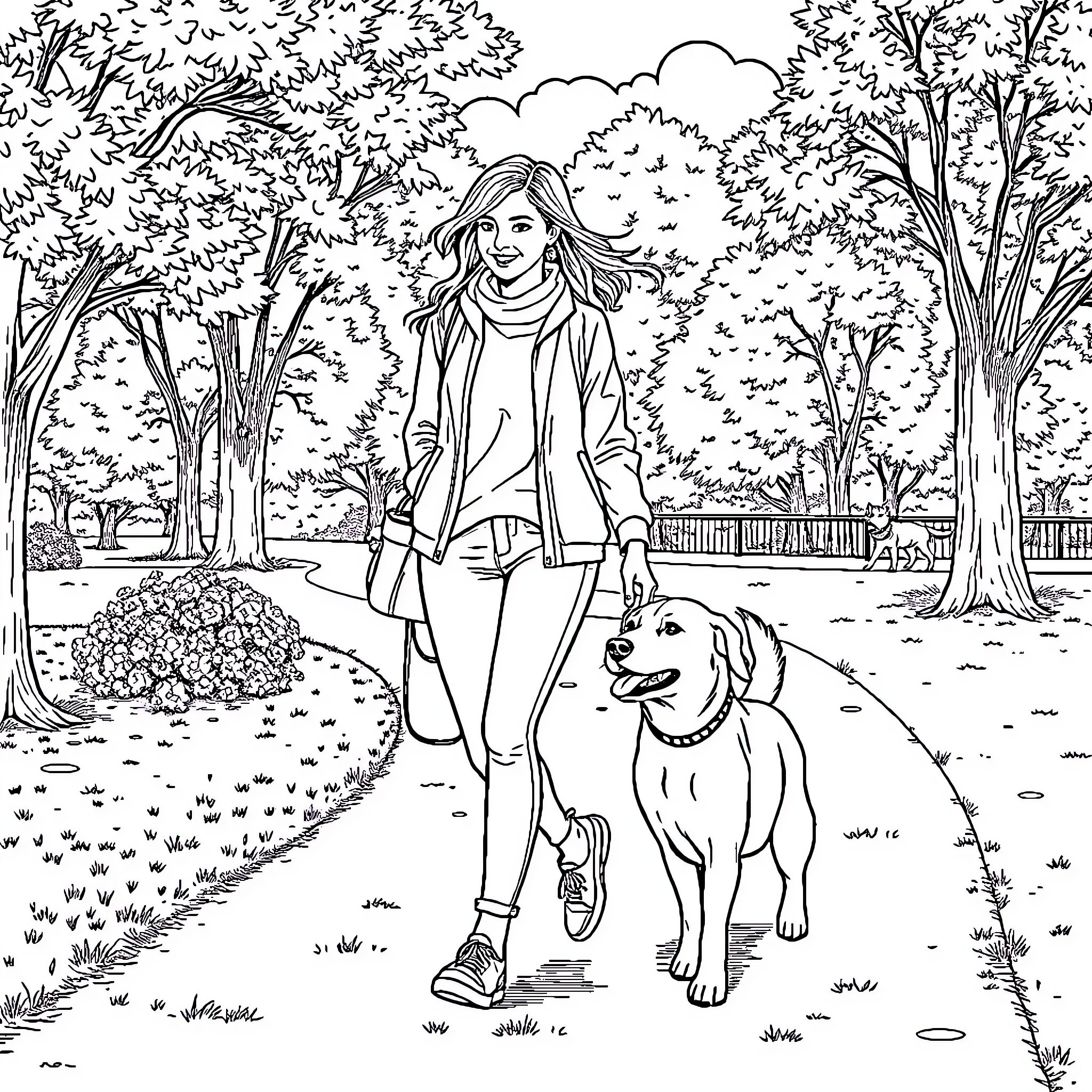Woman walking her dog in the park Coloring Page (free black-and-white line drawing printable PDF for all, from beginners to advanced learners, including children, teens, adults, and seniors)