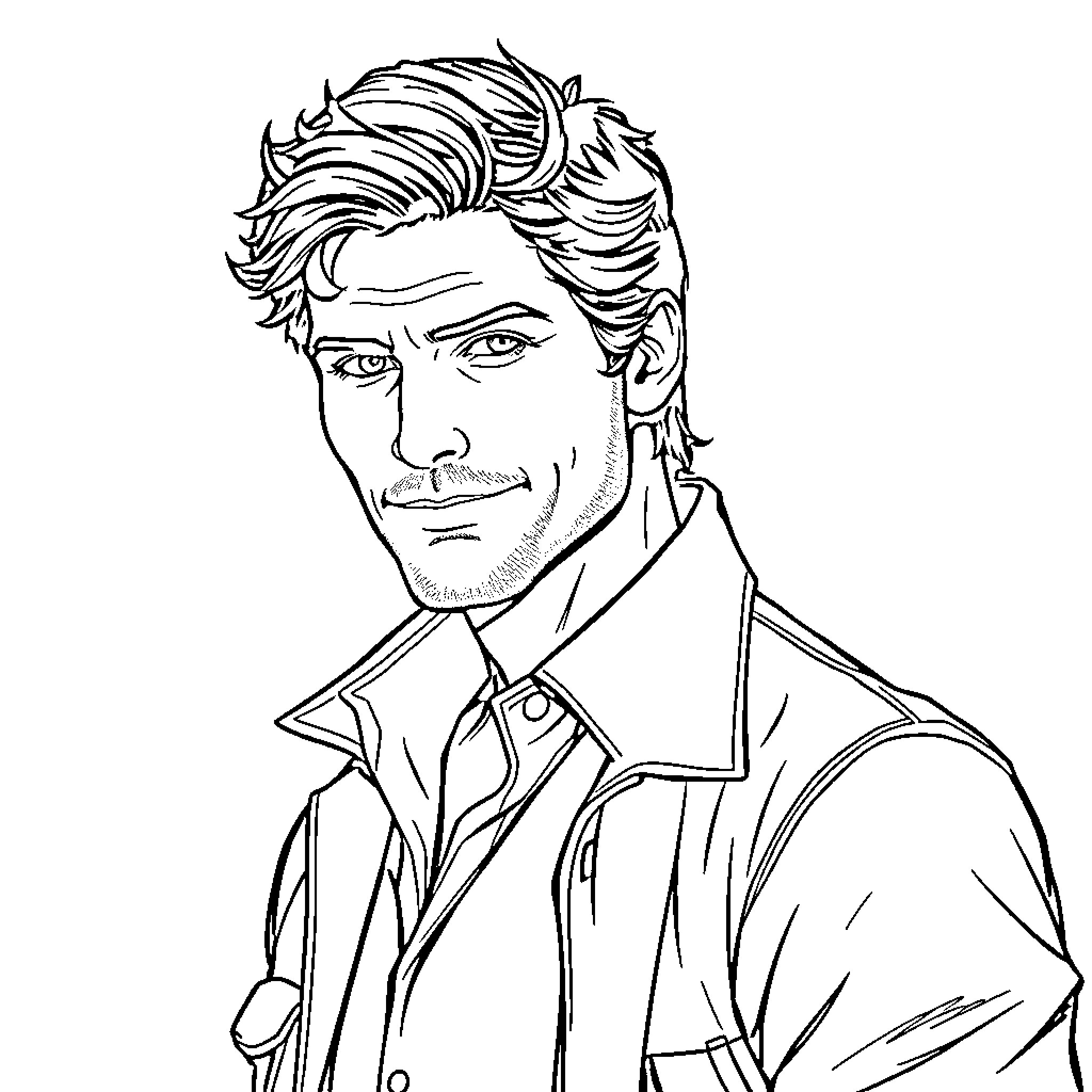 Dean Winchester portrayed in a stylized black and white sketch Coloring Page (free black-and-white line drawing printable PDF for all, from beginners to advanced learners, including children, teens, adults, and seniors)