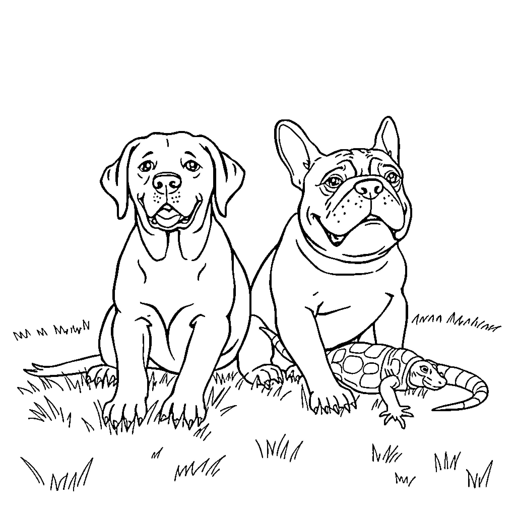 Labrador and French Bulldog enjoying outdoor adventure Coloring Page (free black-and-white line drawing printable PDF for all, from beginners to advanced learners, including children, teens, adults, and seniors)
