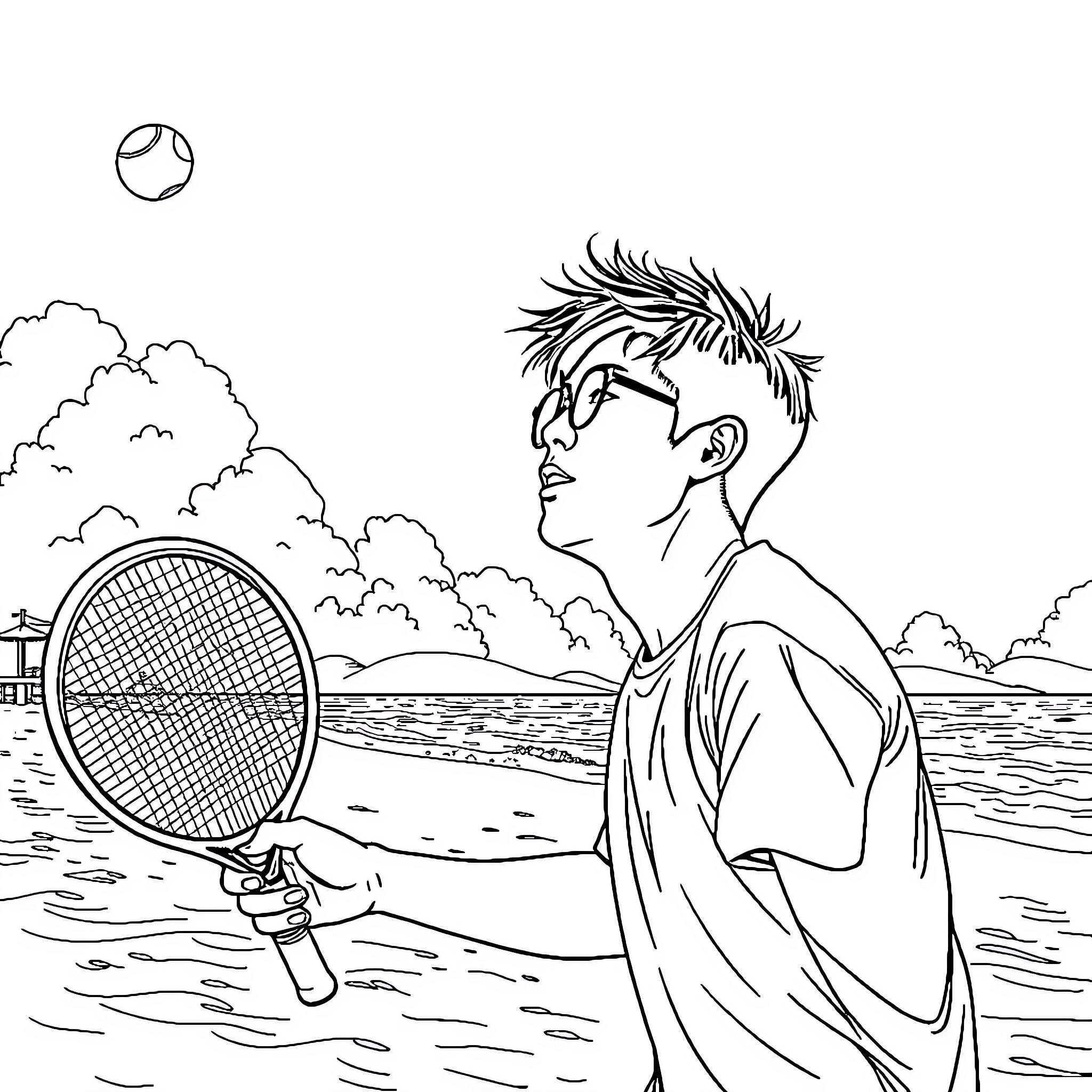Guy playing tennis on the beach Coloring Page (free black-and-white line drawing printable PDF for all, from beginners to advanced learners, including children, teens, adults, and seniors)