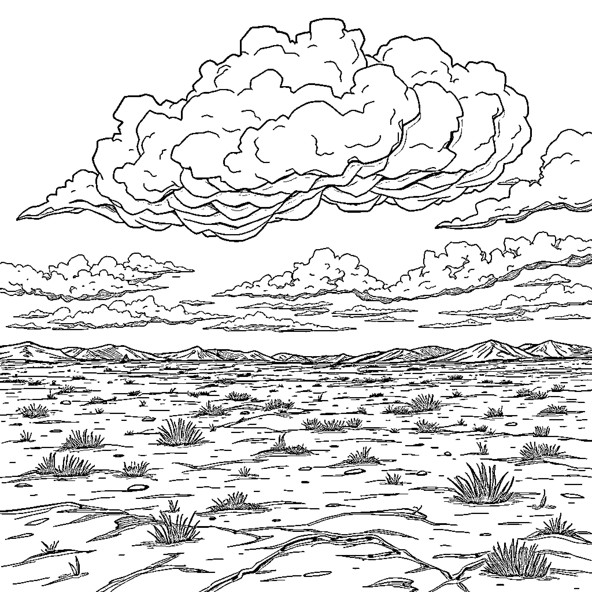 Landscape with dramatic cloudy sky and desert terrain Coloring Page (free black-and-white line drawing printable PDF for all, from beginners to advanced learners, including children, teens, adults, and seniors)