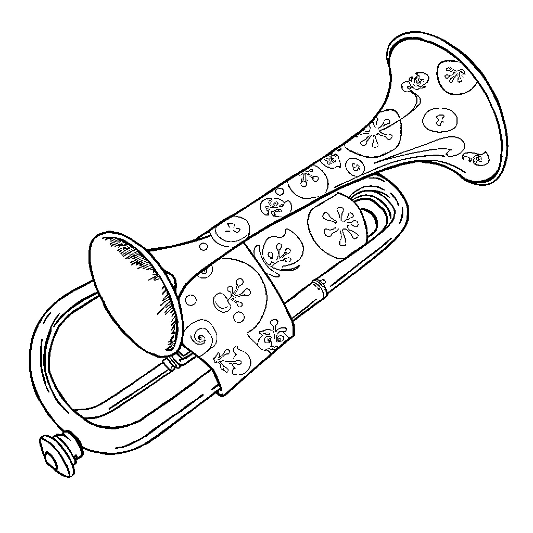 Trombone with ornate floral patterns Coloring Page (free black-and-white line drawing printable PDF for all, from beginners to advanced learners, including children, teens, adults, and seniors)