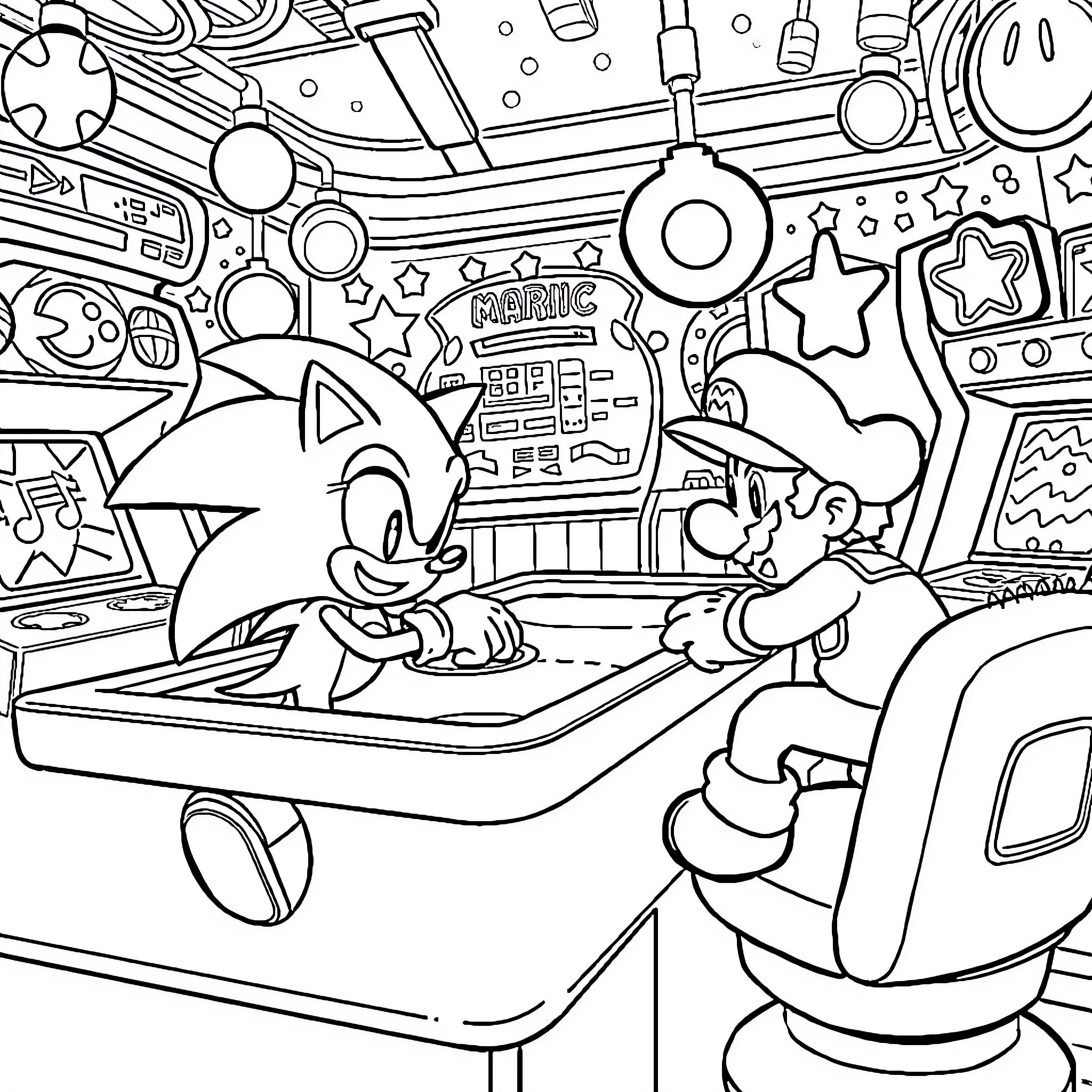 Sonic gaming with friends in colorful arcade Coloring Page (free black-and-white line drawing printable PDF for all, from beginners to advanced learners, including children, teens, adults, and seniors)