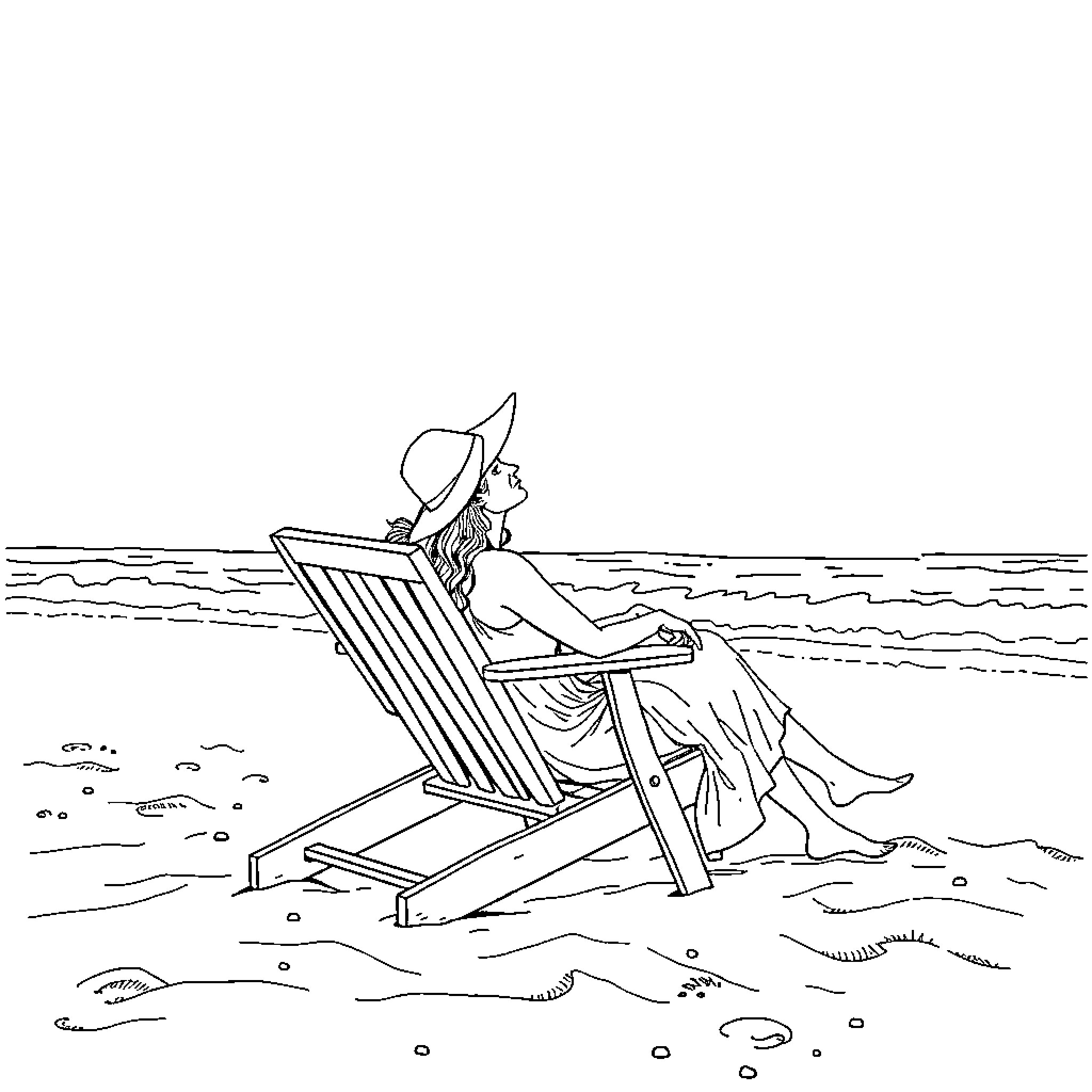 Dame Relaxing on the Beach Peacefully Coloring Page (free black-and-white line drawing printable PDF for all, from beginners to advanced learners, including children, teens, adults, and seniors)