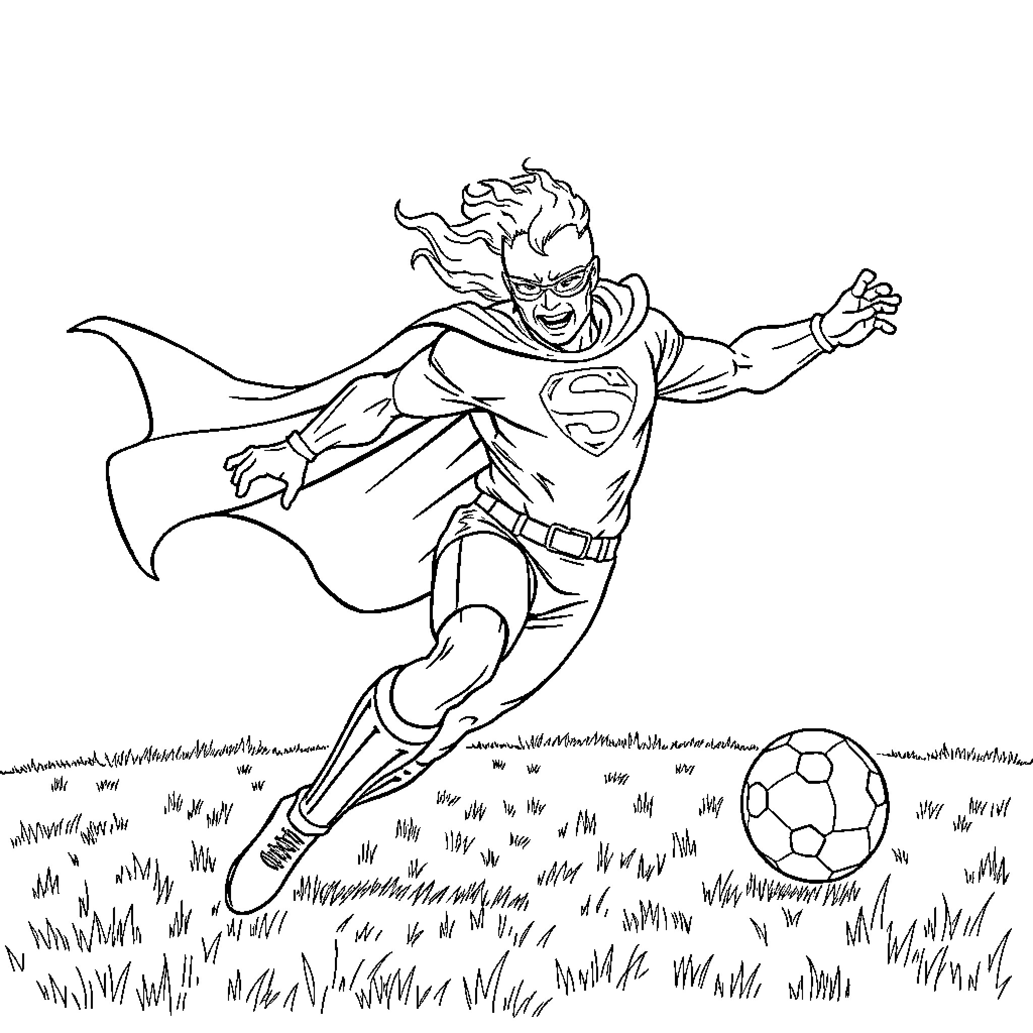 Superthing leaping to kick a soccer ball Coloring Page (free black-and-white line drawing printable PDF for all, from beginners to advanced learners, including children, teens, adults, and seniors)